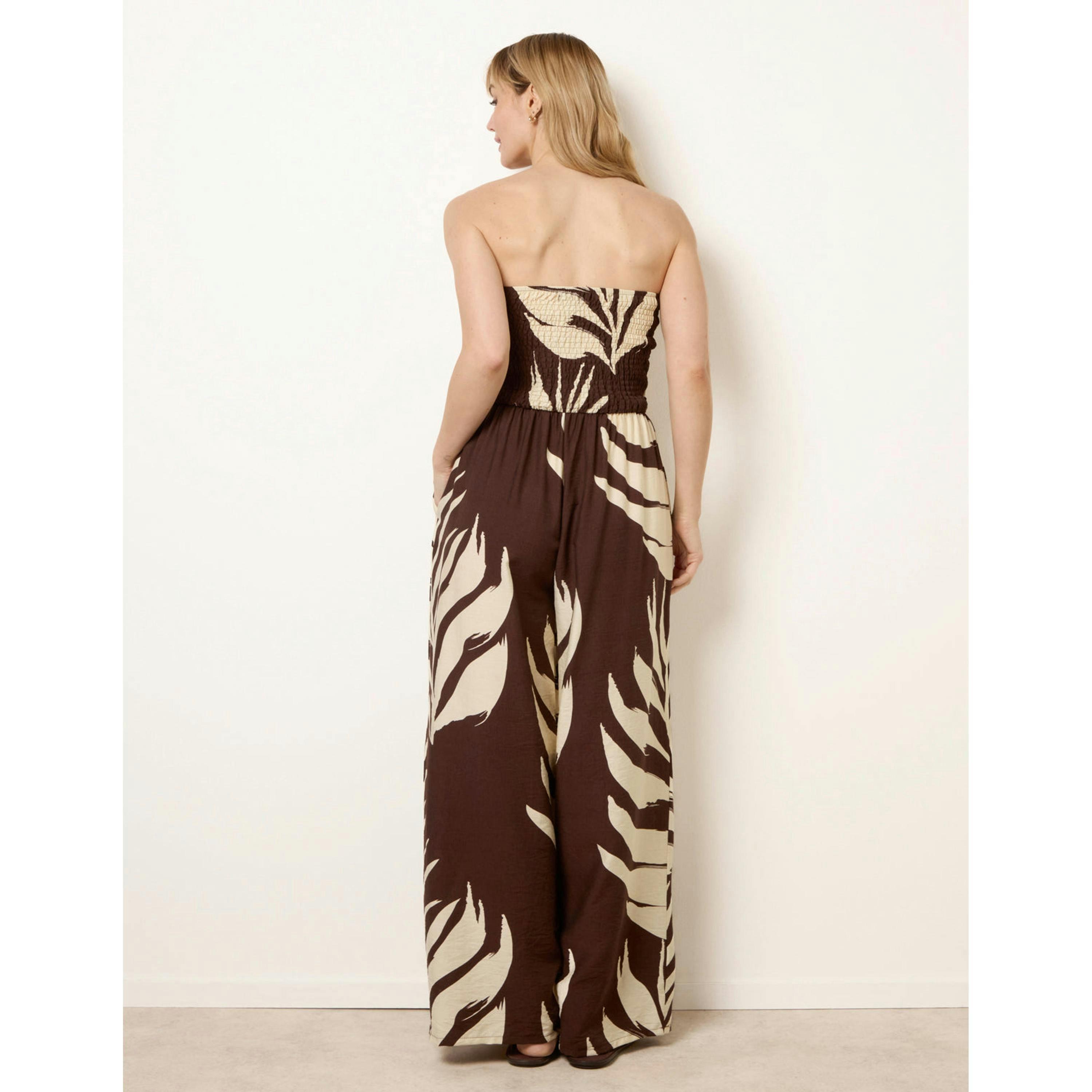 Blue Vanilla Printed Bandeau Tie Neck Shirred Jumpsuit  in Brown , view 2 of 4