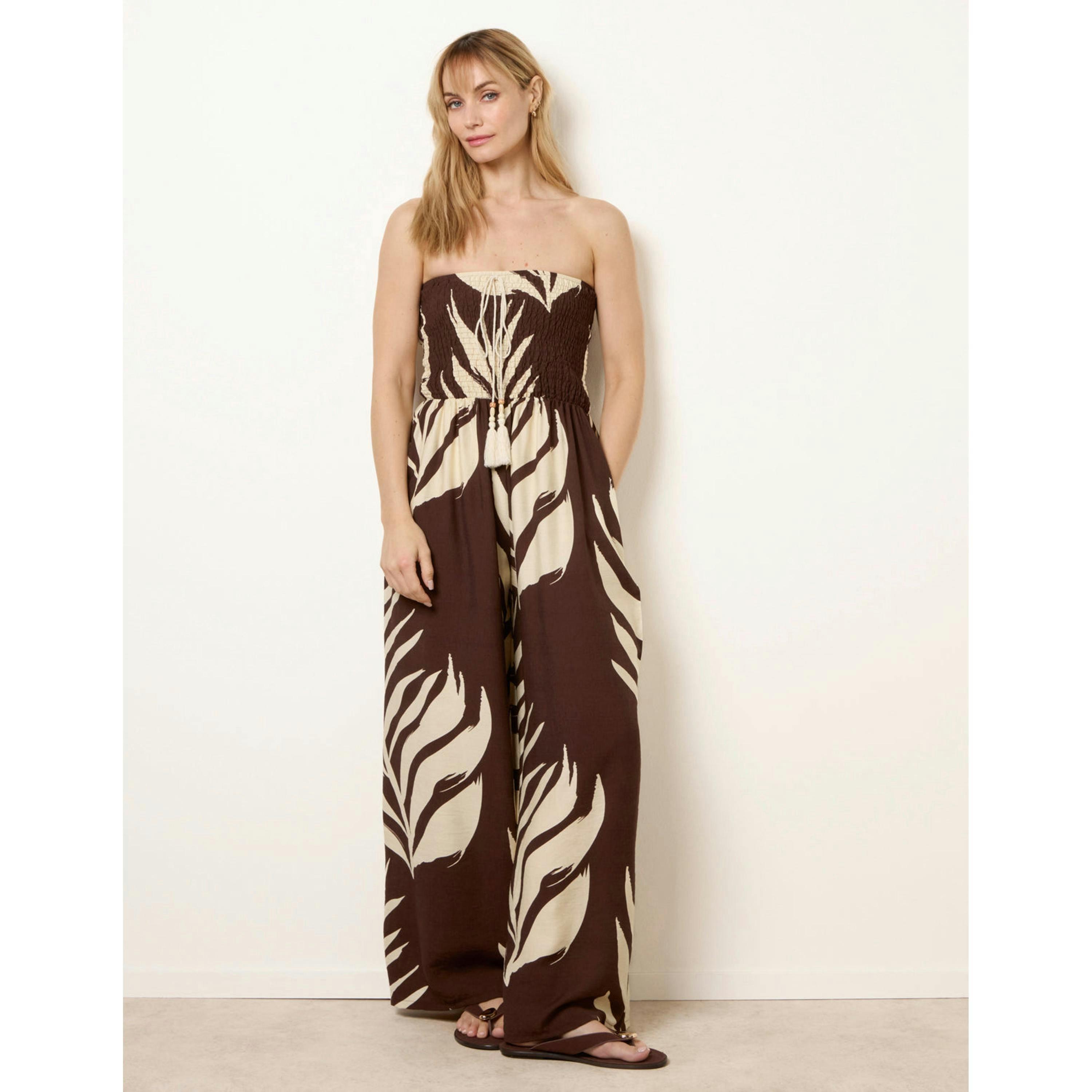 Blue Vanilla Printed Bandeau Tie Neck Shirred Jumpsuit  in Brown , view 4 of 4