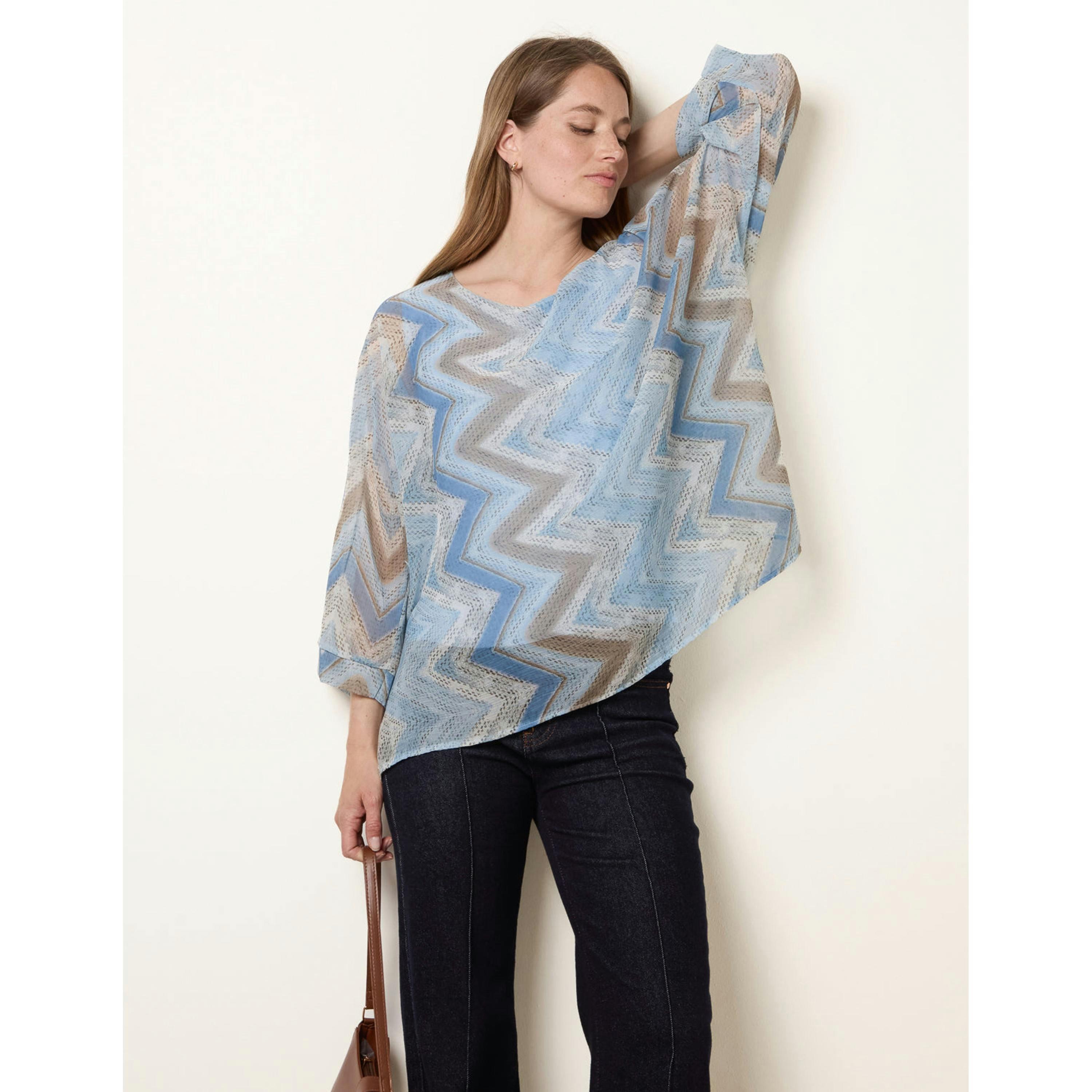 Blue Vanilla Zig Zag Round Neck Oversized Top  in Blue , view 1 of 4