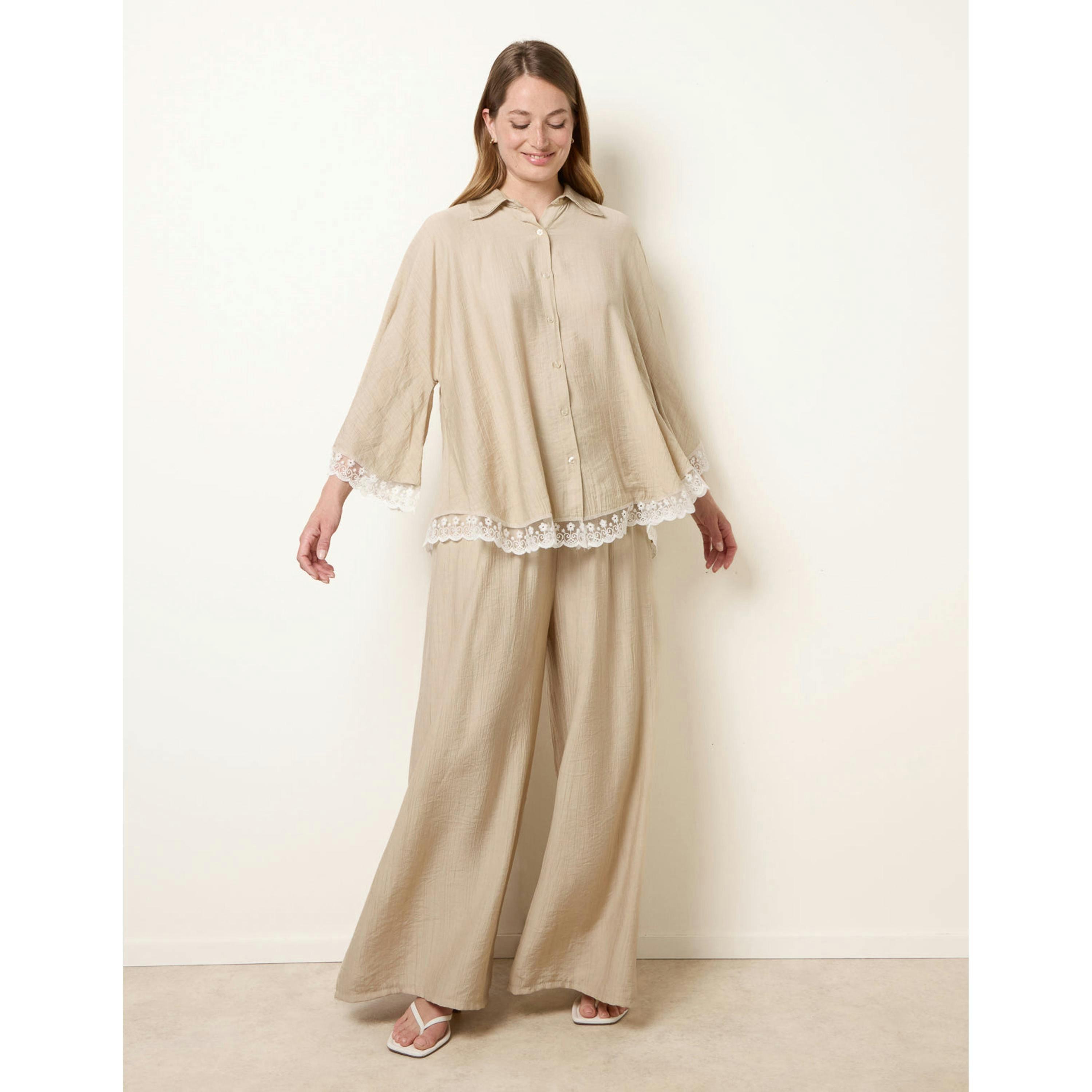 Blue Vanilla Oversize Crinkle Lace Hem Shirt  in Beige , view 1 of 4