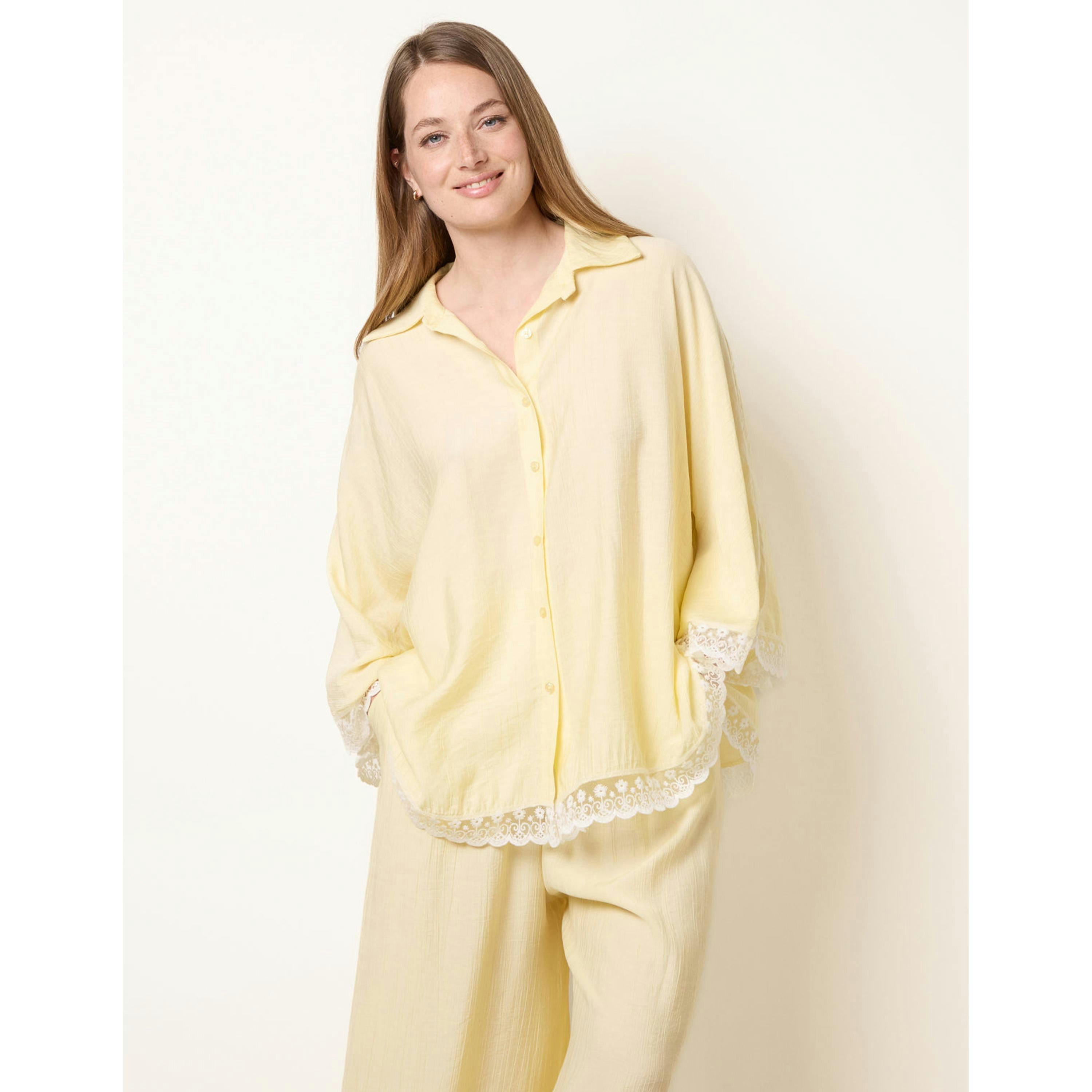 Blue Vanilla Oversize Crinkle Lace Hem Shirt  in Yellow , view 1 of 4