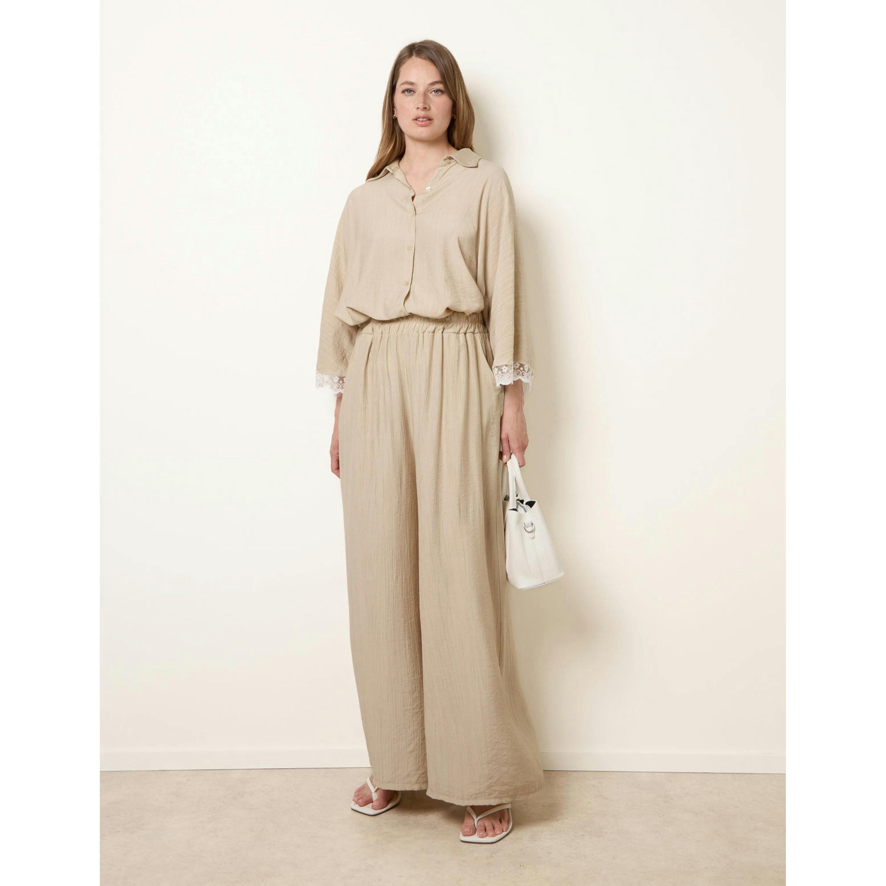 Blue Vanilla Crinkle Viscose Wide Leg Trousers  in Beige , view 1 of 4