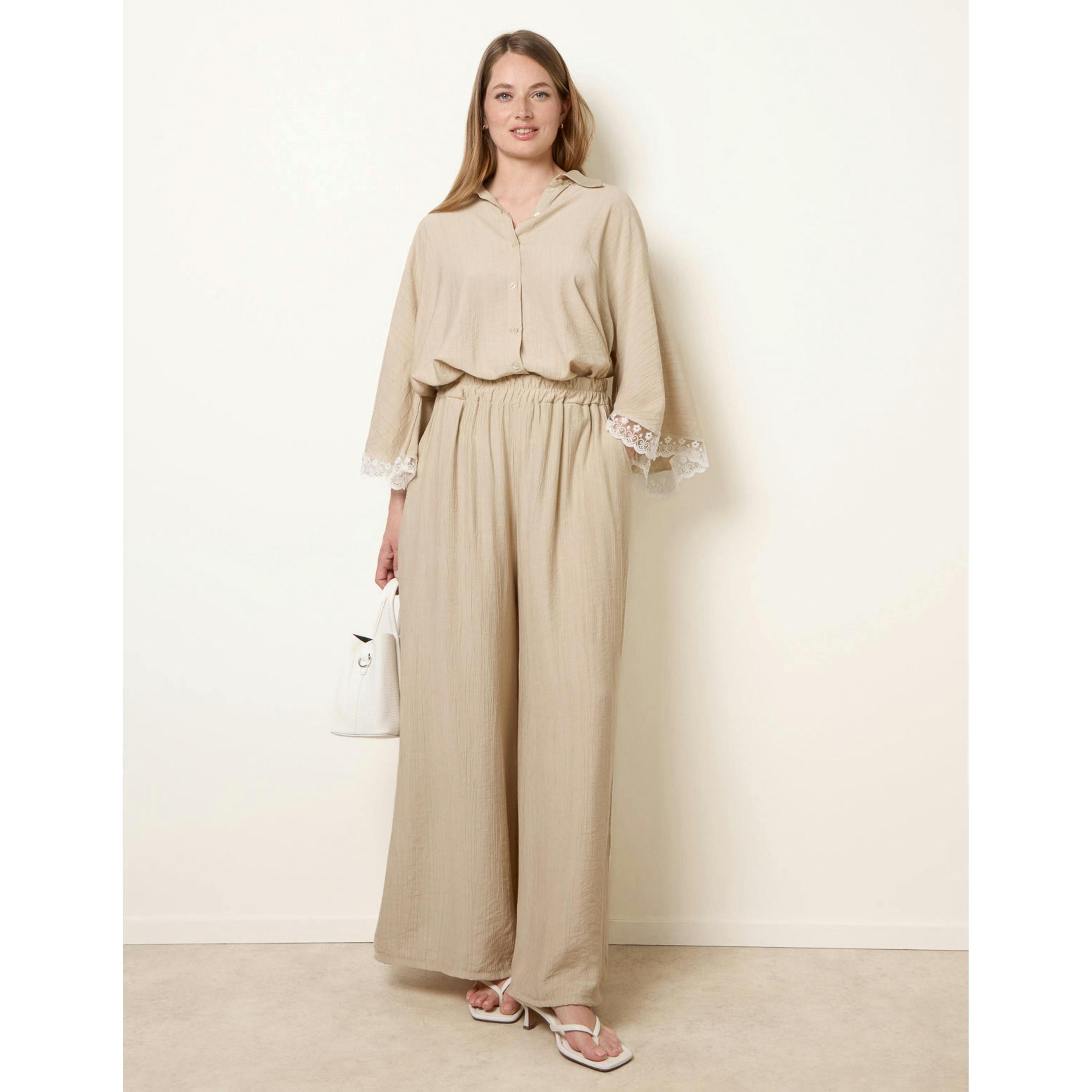 Blue Vanilla Crinkle Viscose Wide Leg Trousers  in Beige , view 4 of 4