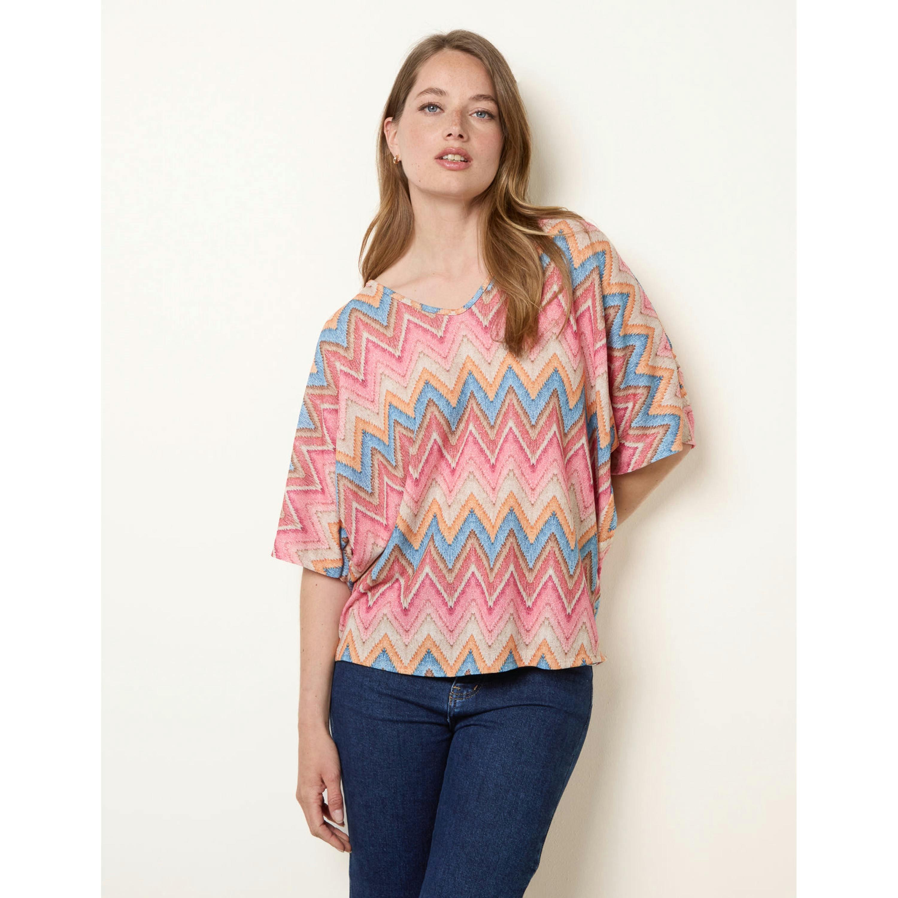 Blue Vanilla Zig Zag Metallic Bow Back Top  in Pink , view 1 of 5