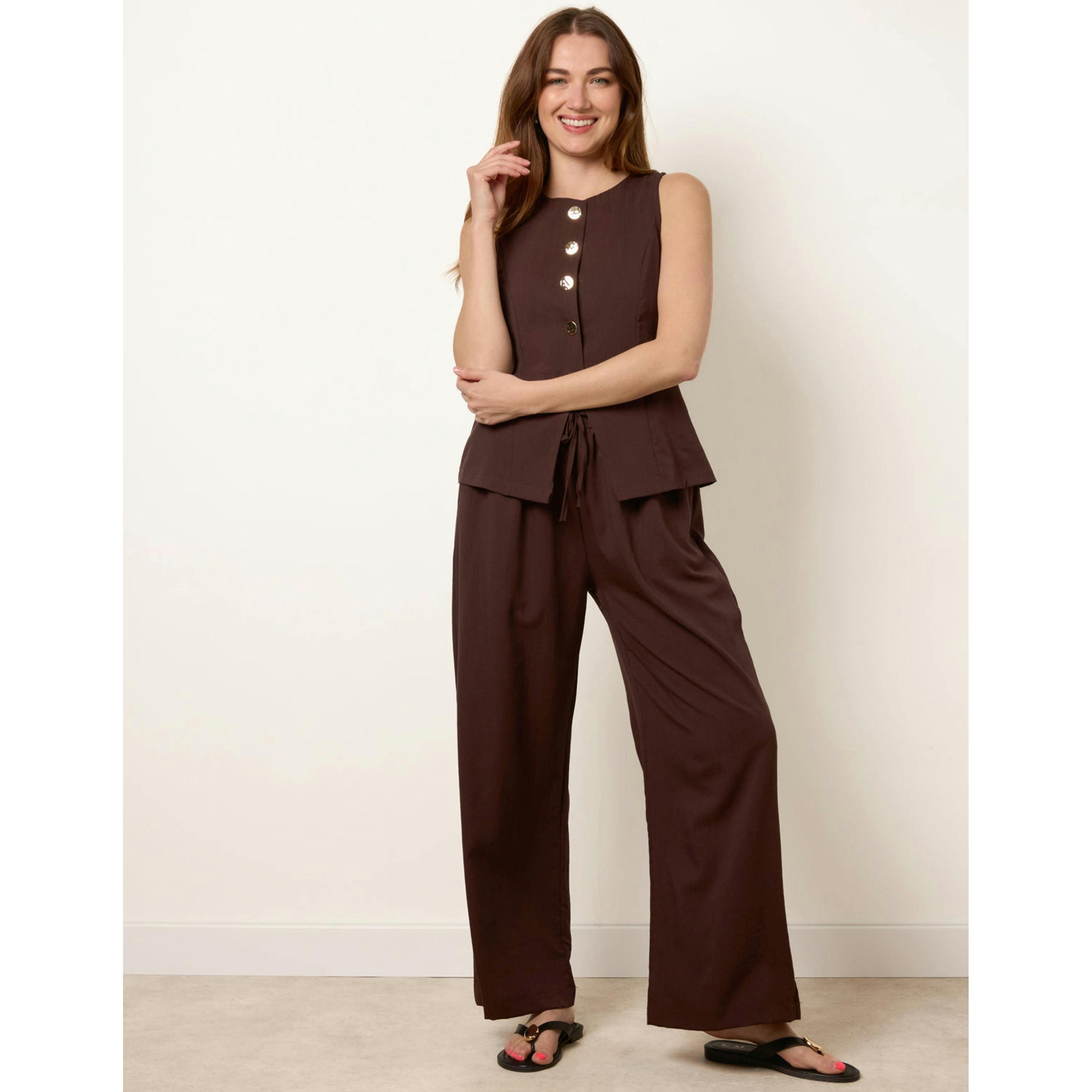 Blue Vanilla Round Neck Button Through Vest & Trouser Set  in Brown , view 1 of 4