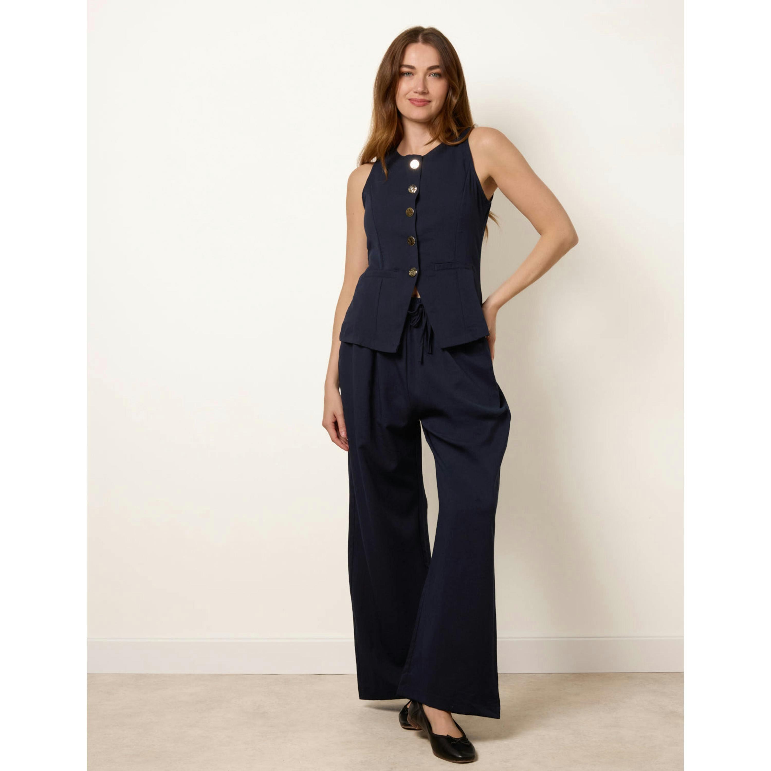 Blue Vanilla Round Neck Button Through Vest & Trouser Set  in Navy , view 1 of 4