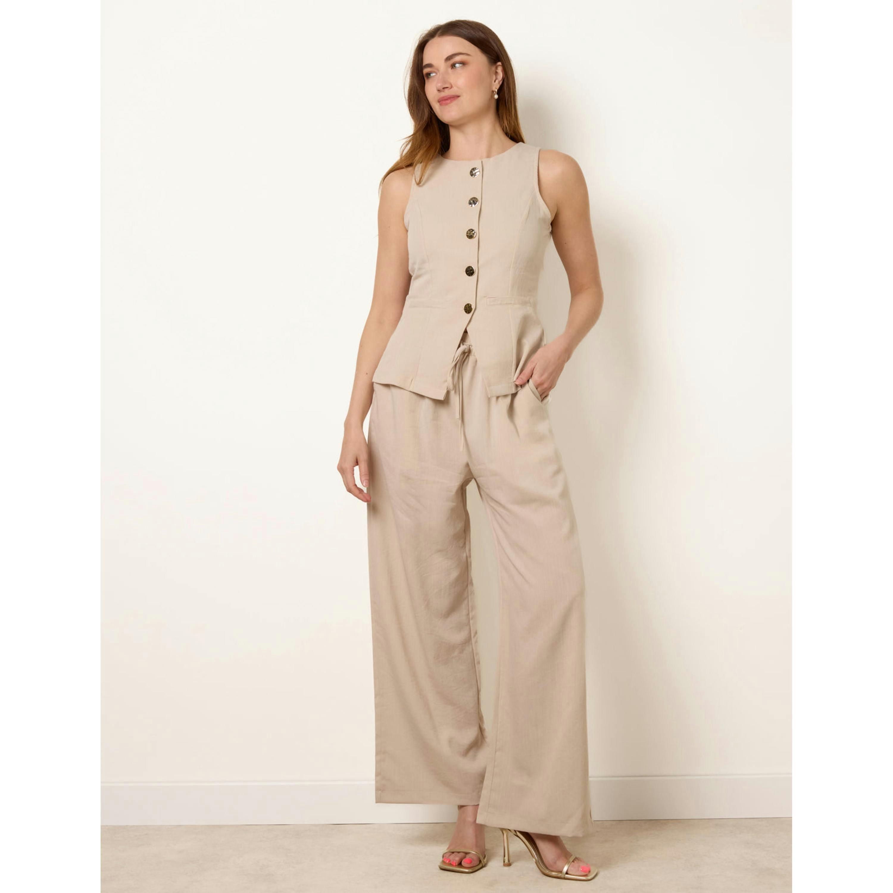 Blue Vanilla Round Neck Button Through Vest & Trouser Set  in Stone , view 1 of 4