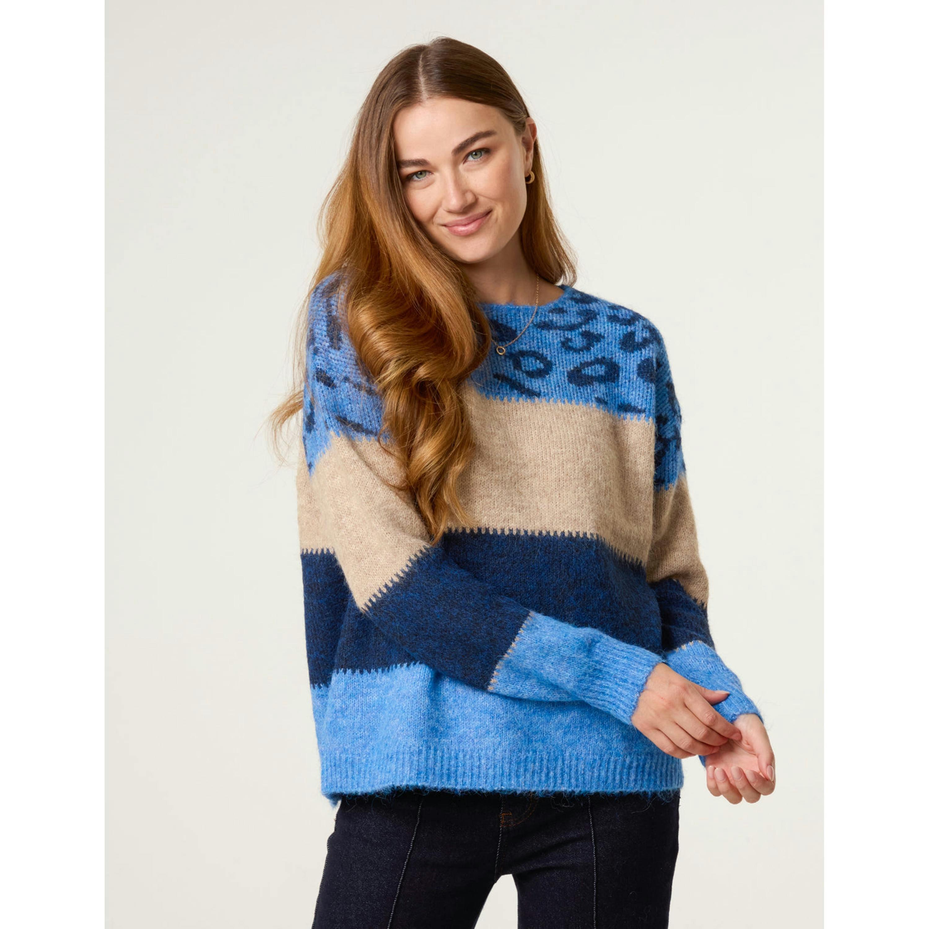 Blue Vanilla Animal Colour Block Jumper  in Blue , view 1 of 4