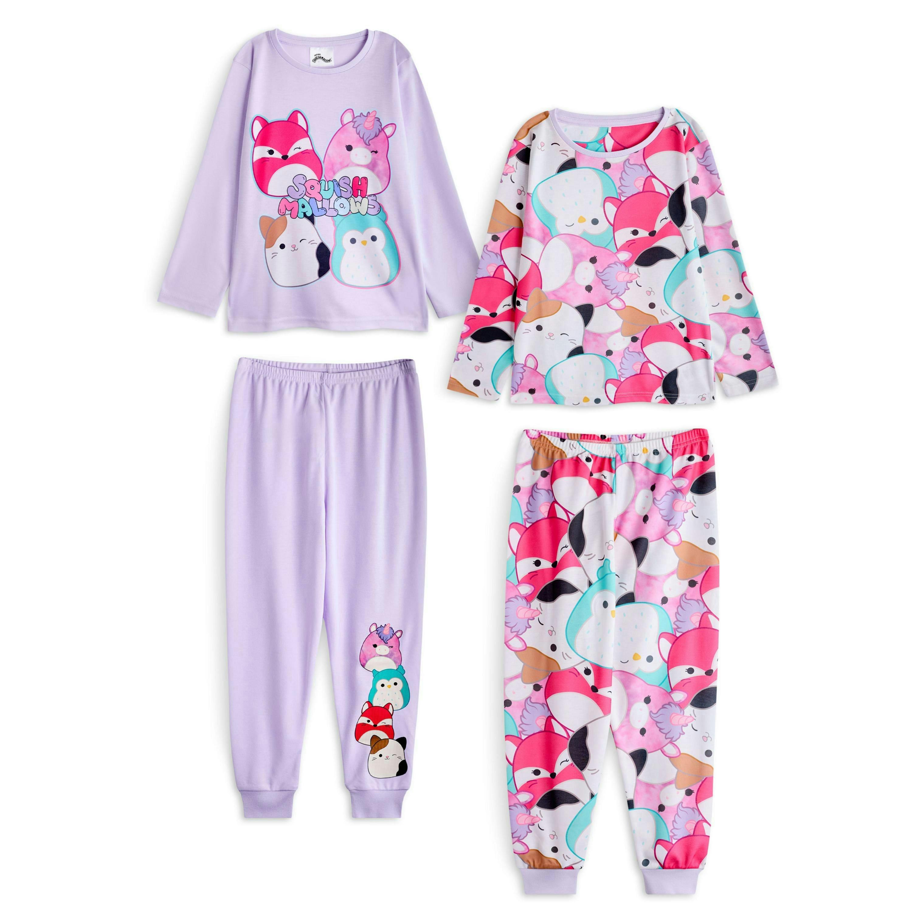 Squishmallows Girls Purple Multi Character Multi-Pack of 2 Long Sleeve Long Leg Pyjama Set by Vanilla Underground , view 1 of 6