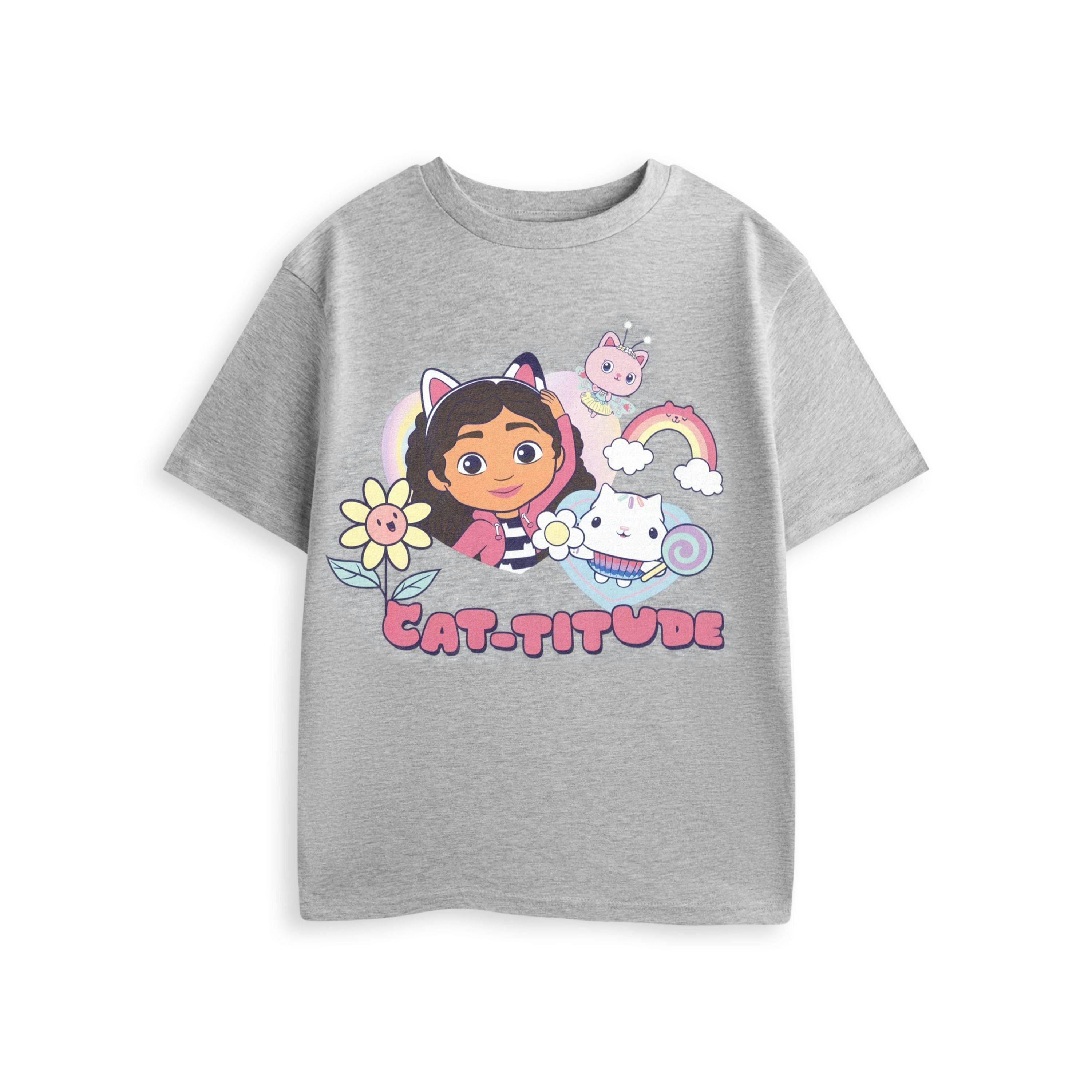 Gabby's Dollhouse Girls Grey Cat-titude Short Sleeved T-Shirt by Vanilla Underground , view 1 of 4