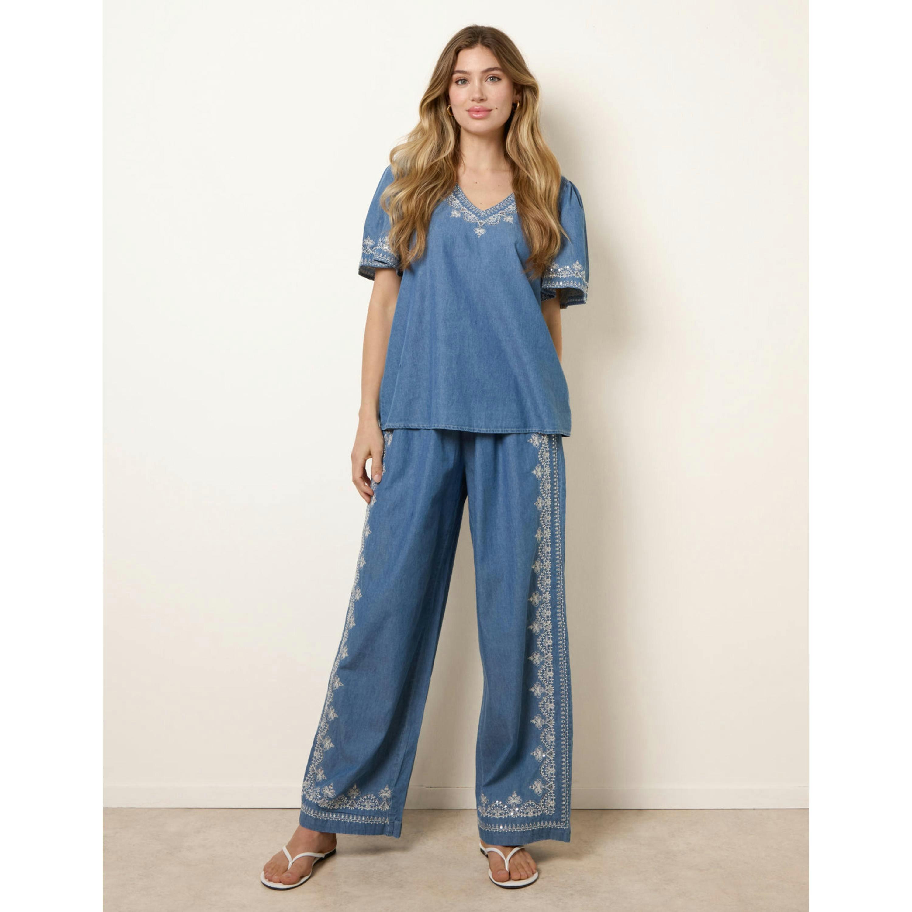 Blue Vanilla Floral Embroidery Wide-Leg Trousers  in Blue , view 1 of 4