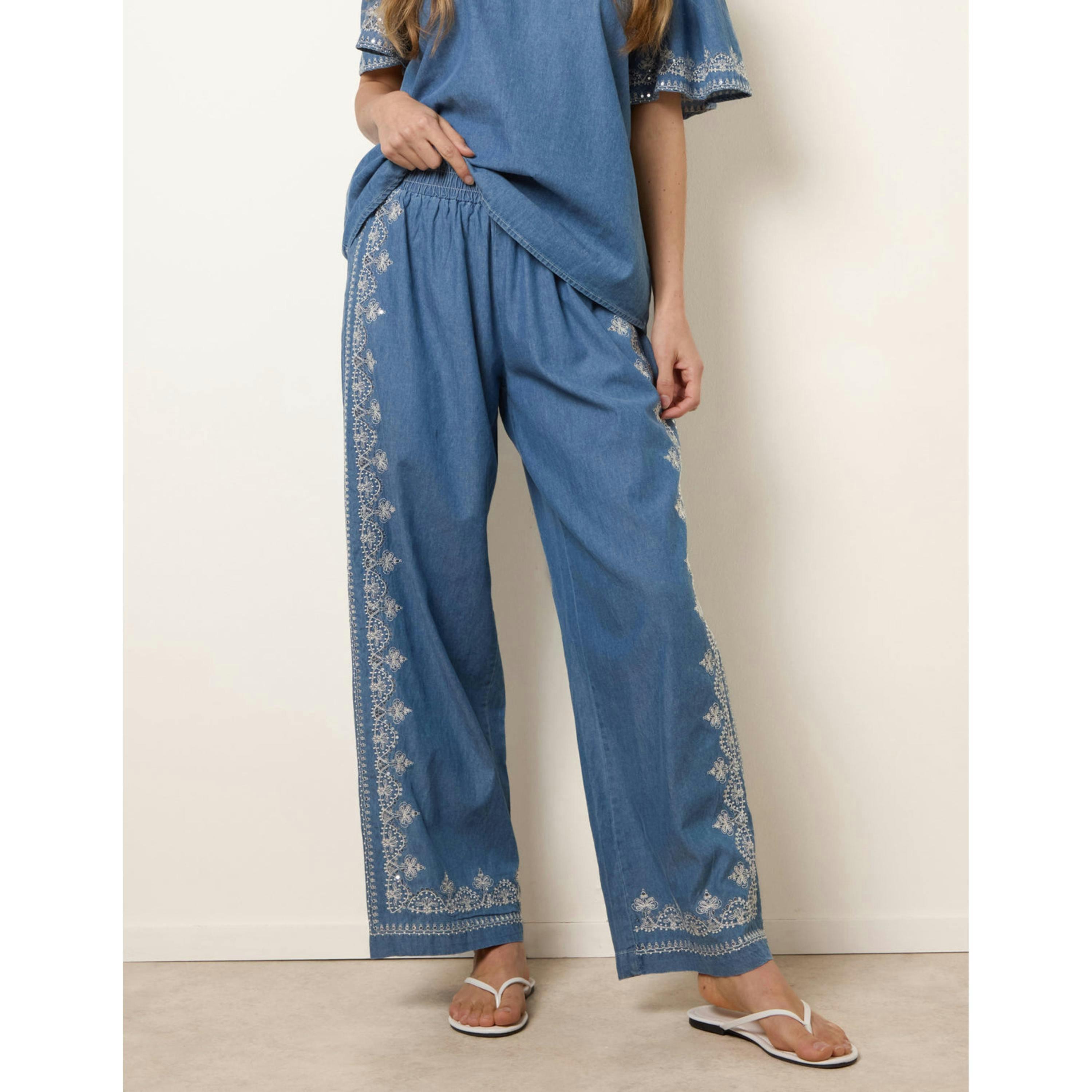 Blue Vanilla Floral Embroidery Wide-Leg Trousers  in Blue , view 3 of 4