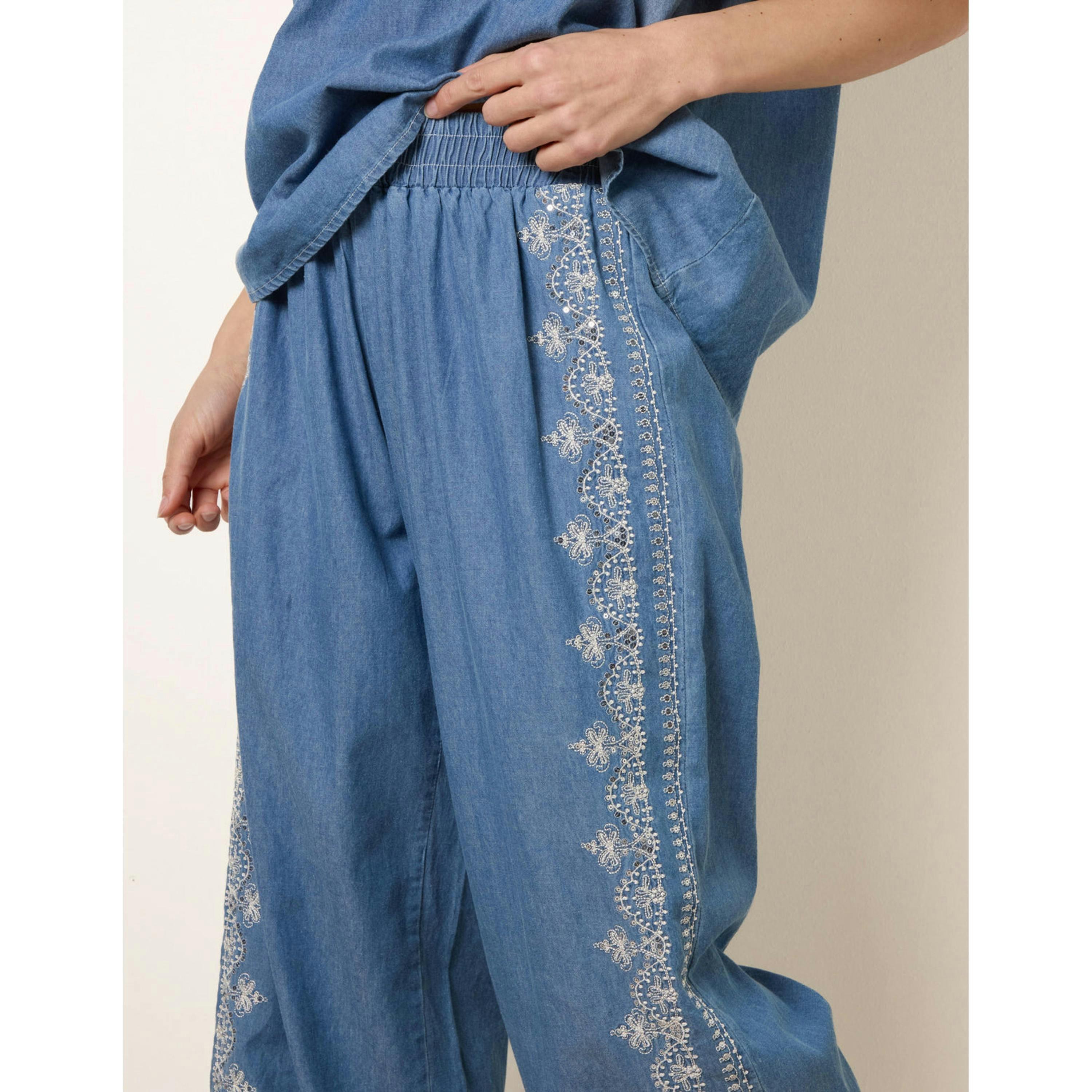 Blue Vanilla Floral Embroidery Wide-Leg Trousers  in Blue , view 4 of 4