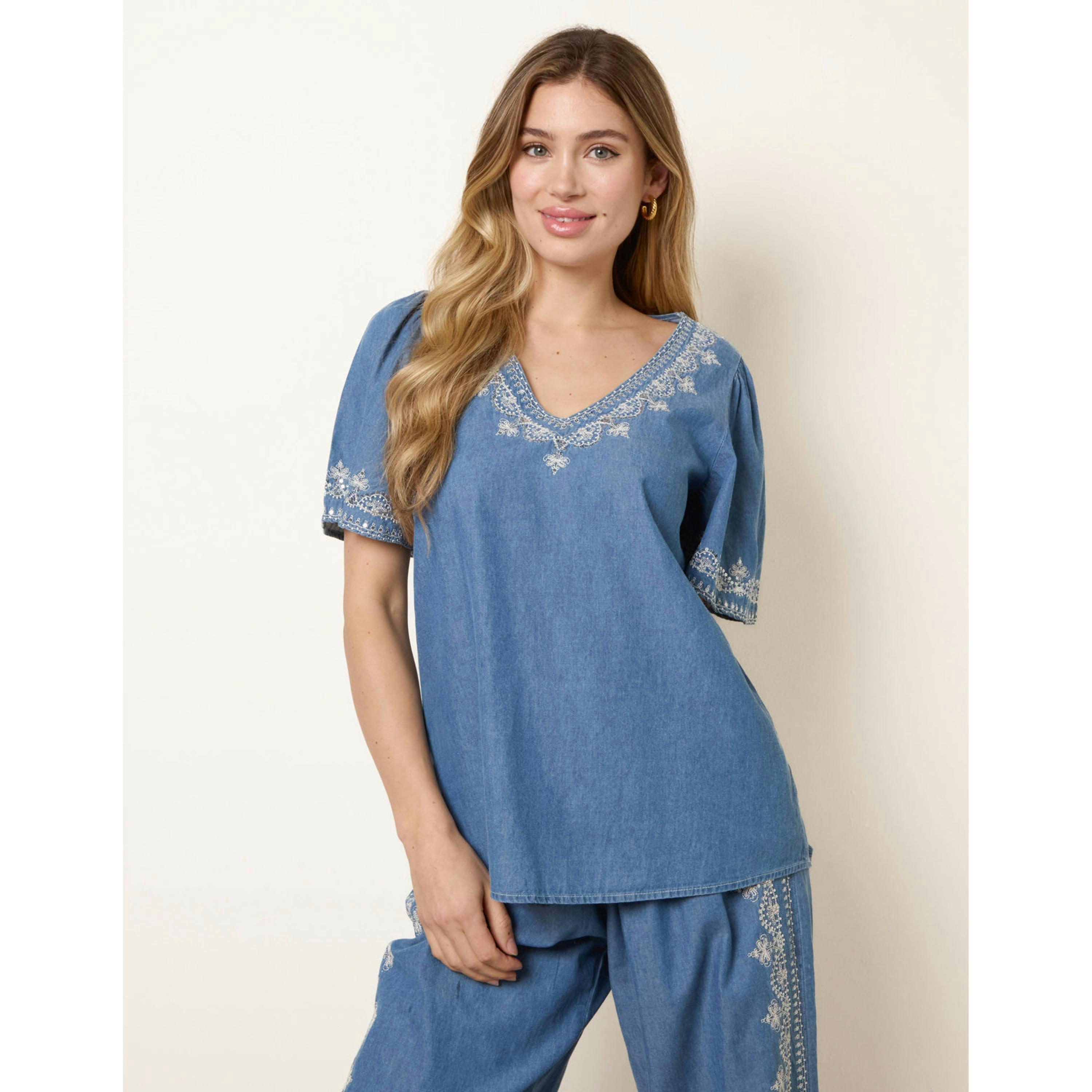 Blue Vanilla Floral Embroidery V Neckline Top  in Blue , view 1 of 4