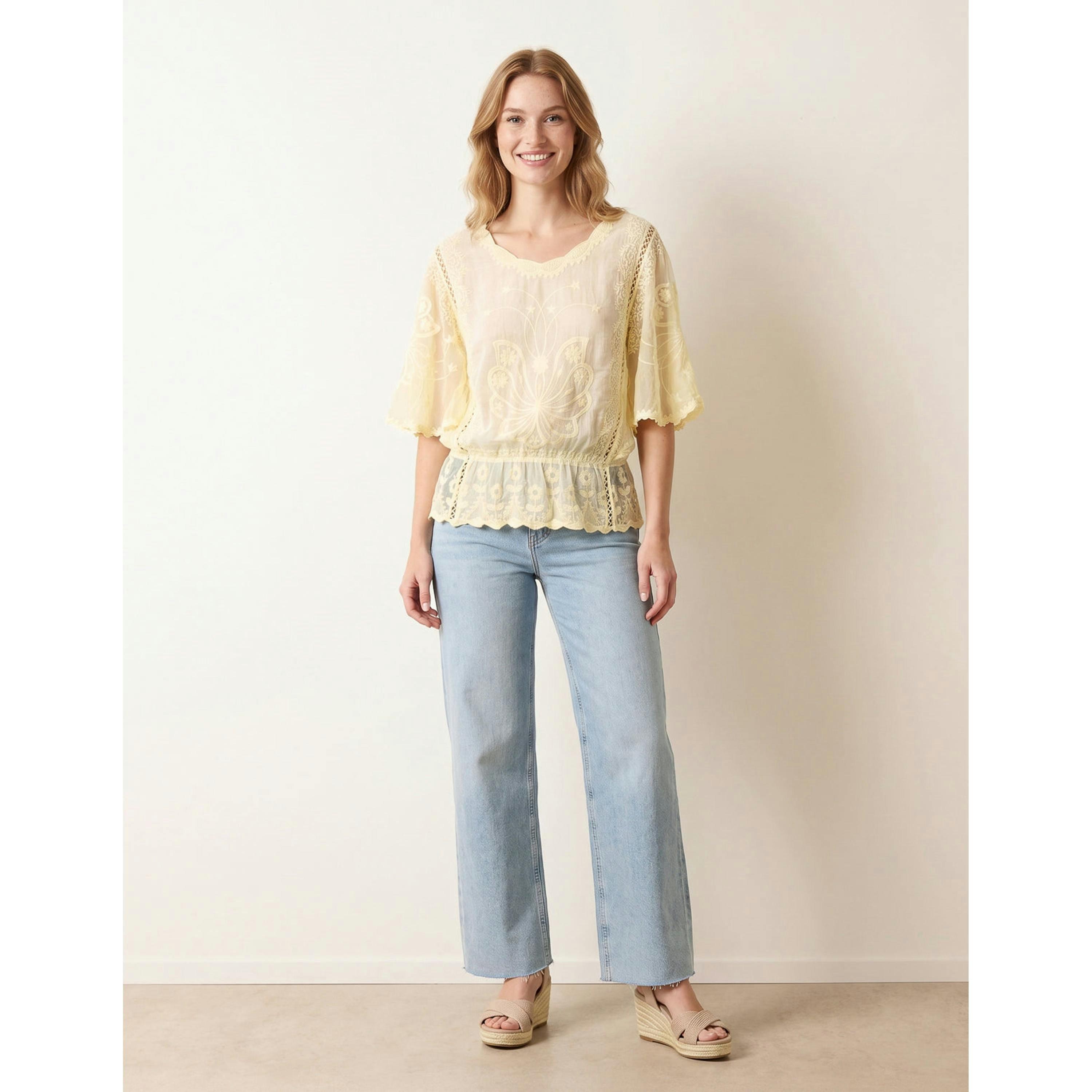 Blue Vanilla Floral Lace Butterfly Sleeve Blouse  in Yellow , view 1 of 4