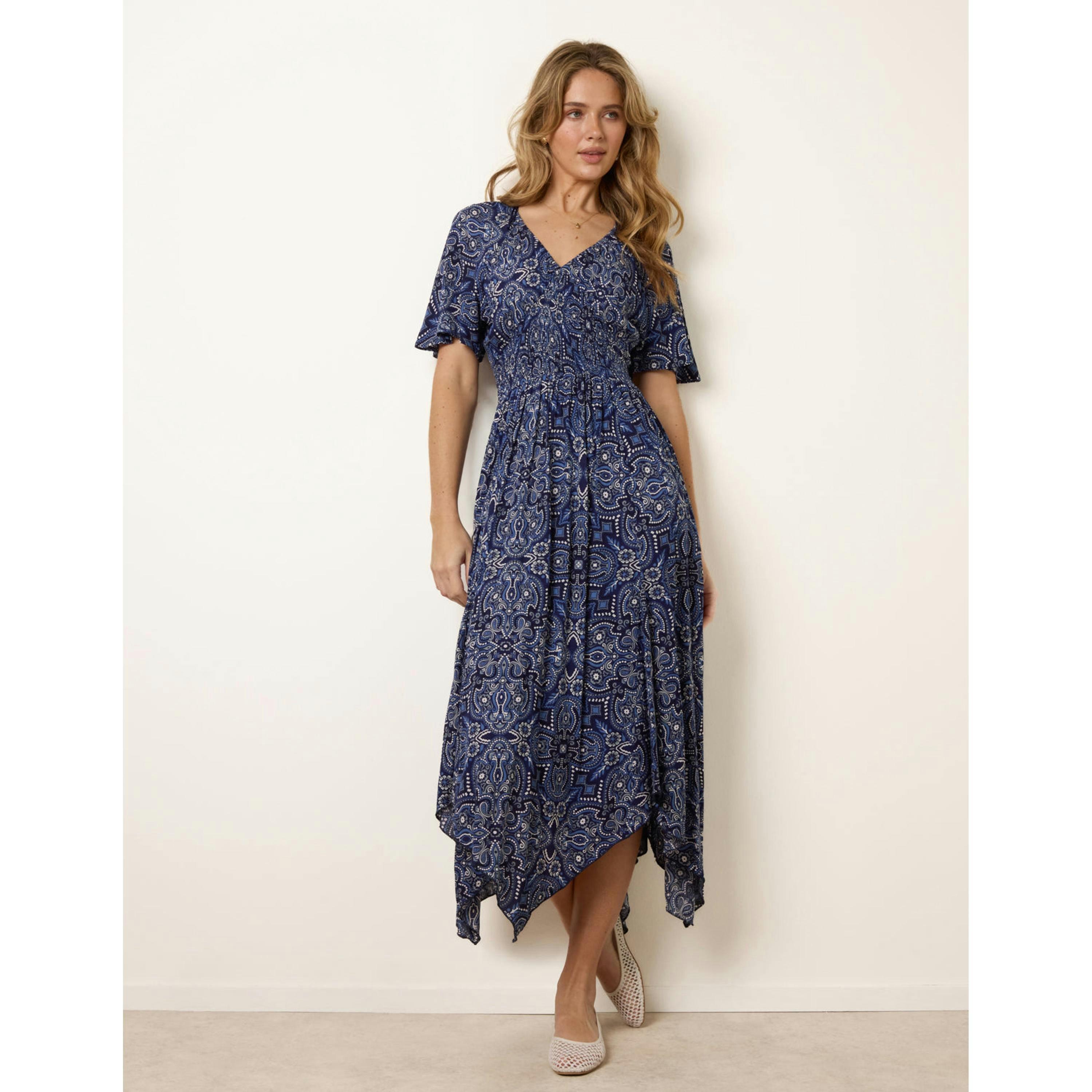 Blue Vanilla Shirred Waist Hanky Hem Paisley Print Dress  in Navy , view 1 of 4