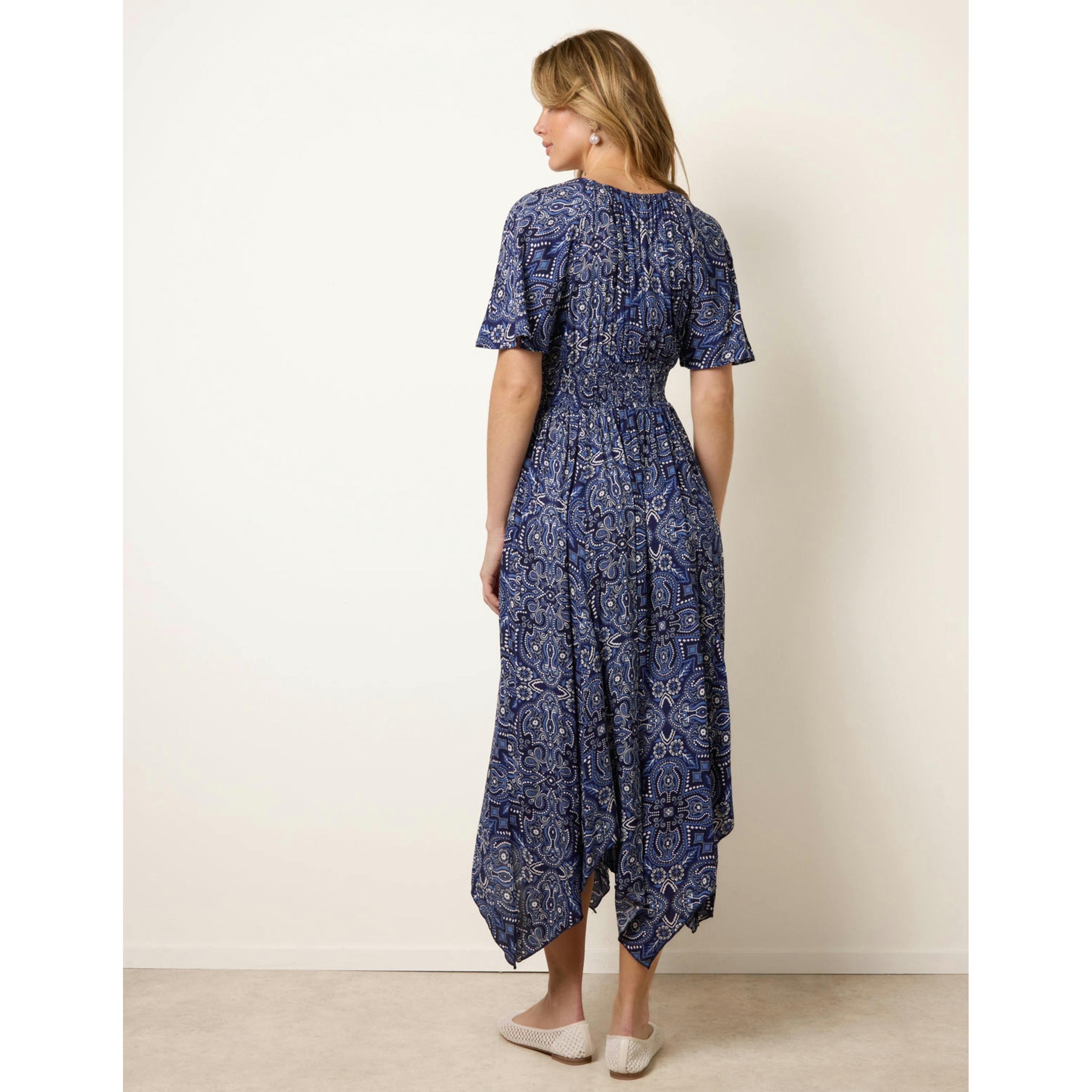 Blue Vanilla Shirred Waist Hanky Hem Paisley Print Dress  in Navy , view 2 of 4