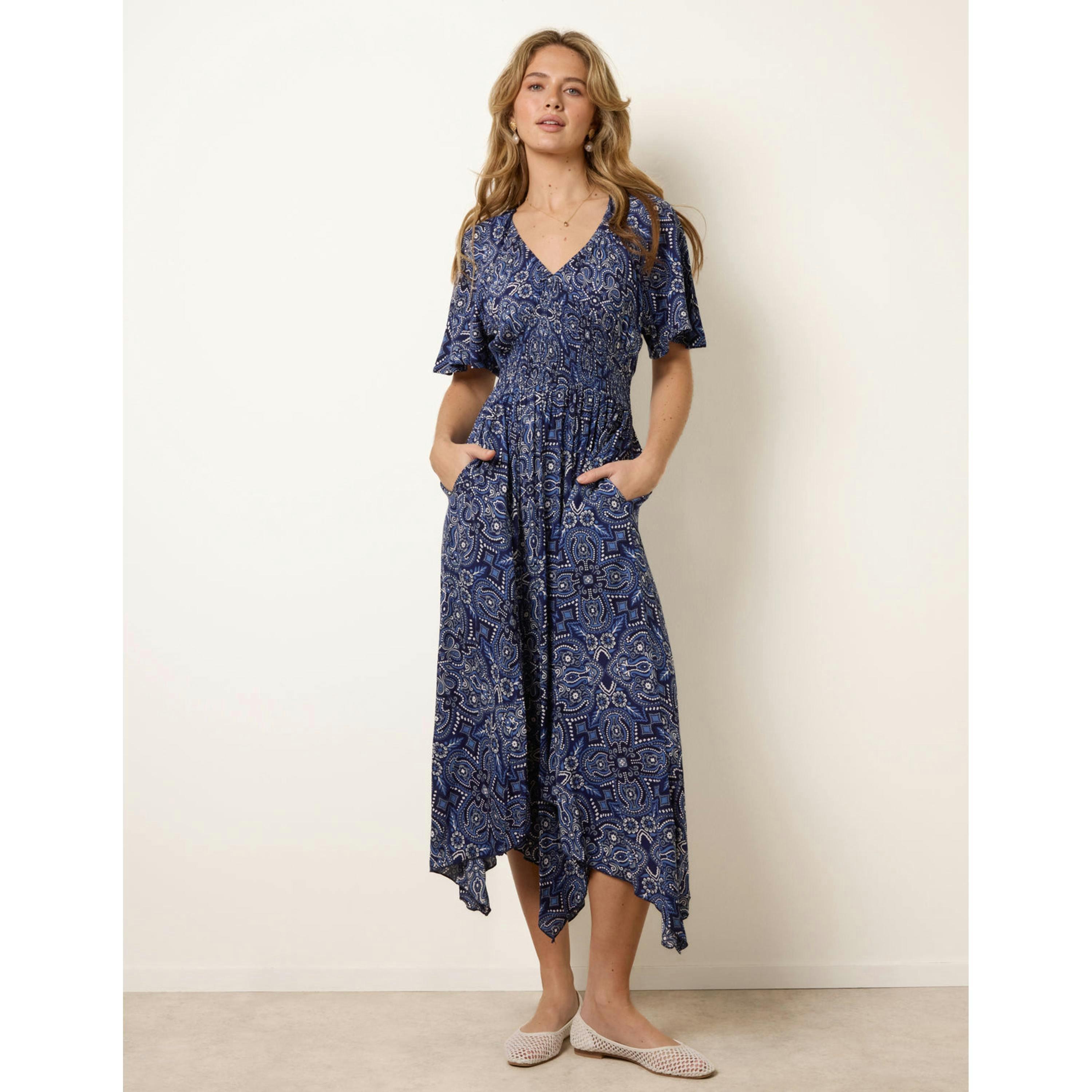 Blue Vanilla Shirred Waist Hanky Hem Paisley Print Dress  in Navy , view 3 of 4