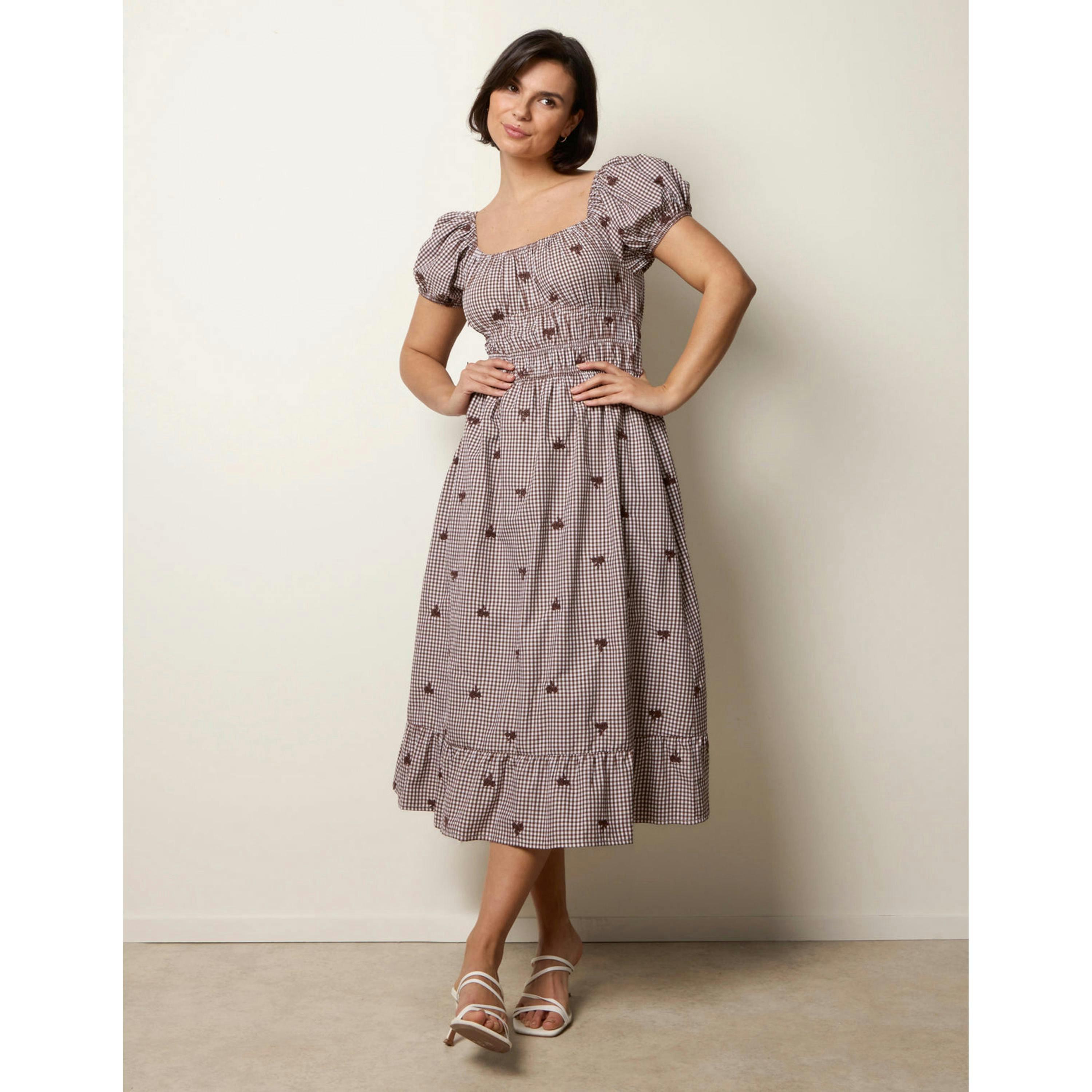 Blue Vanilla Gingham Milkmaid Midi Dress  in Brown , view 1 of 4