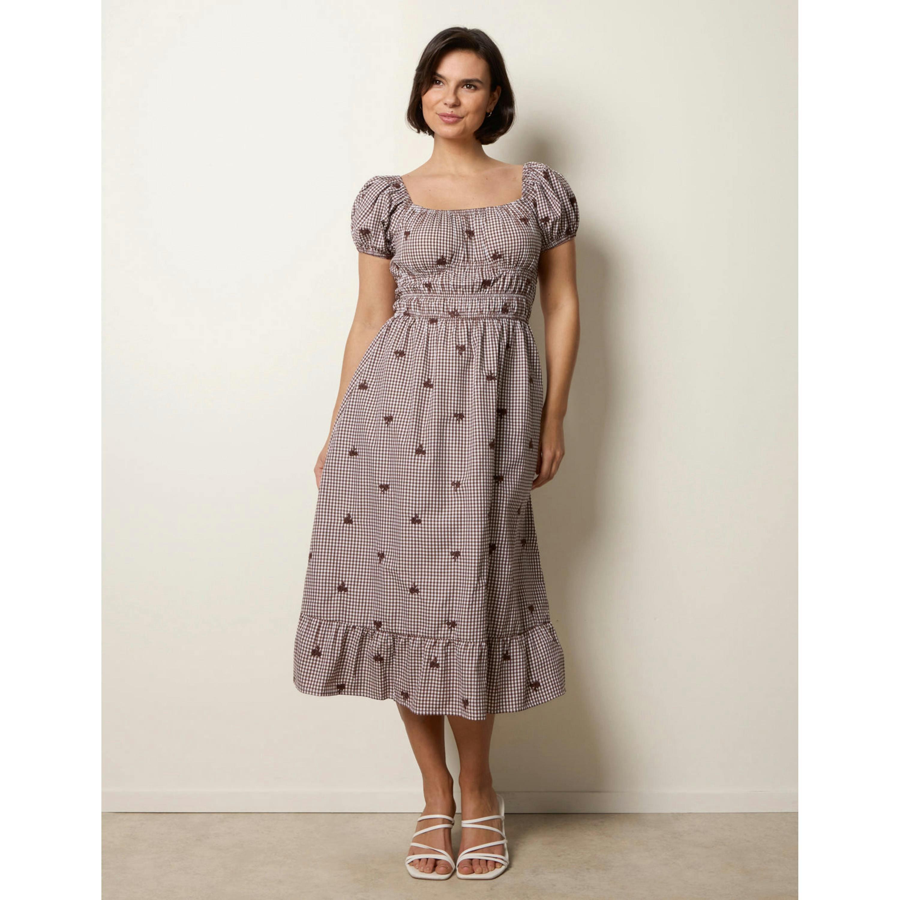 Blue Vanilla Gingham Milkmaid Midi Dress  in Brown , view 3 of 4