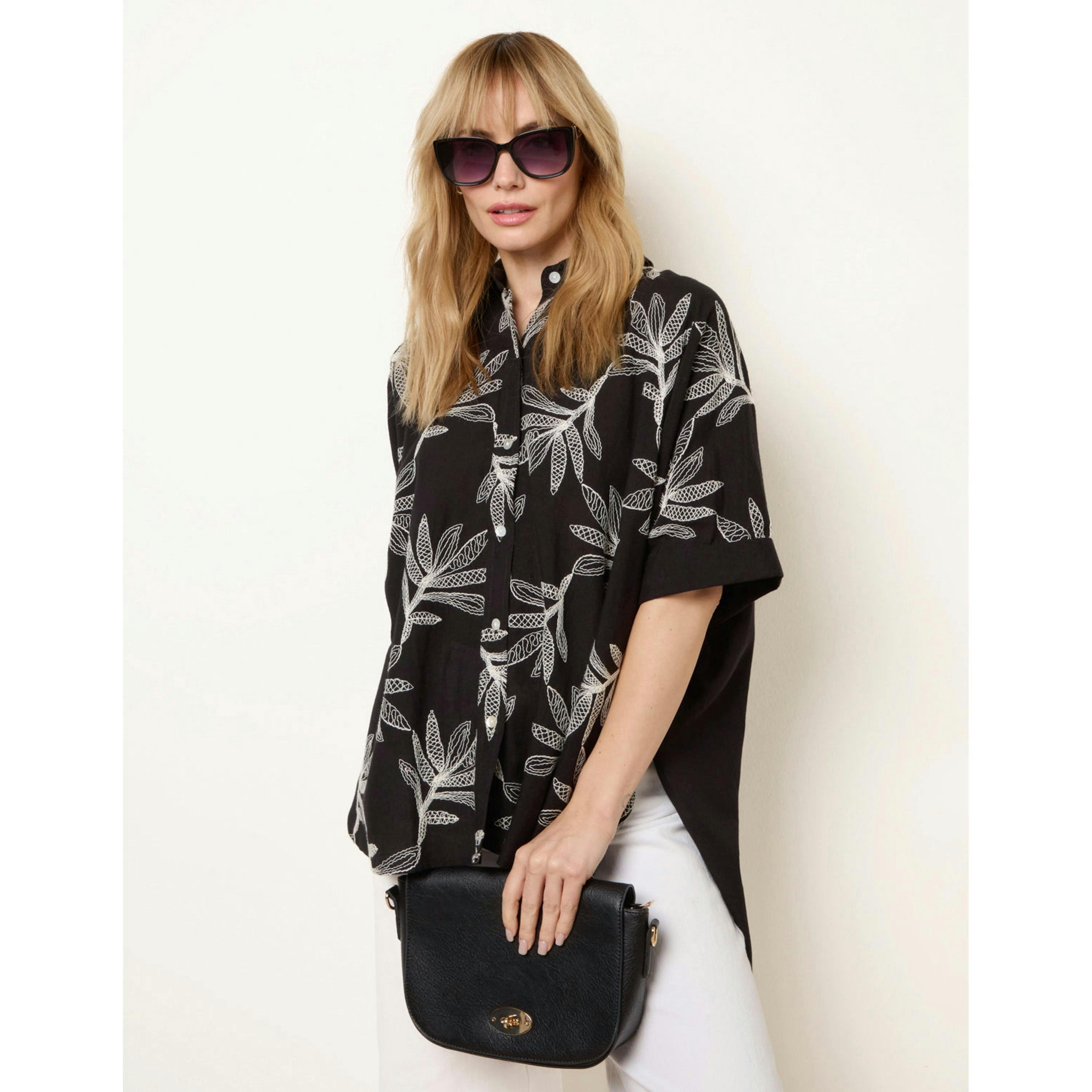 Blue Vanilla Embroidered Front Oversized Shirt  in Black , view 1 of 4