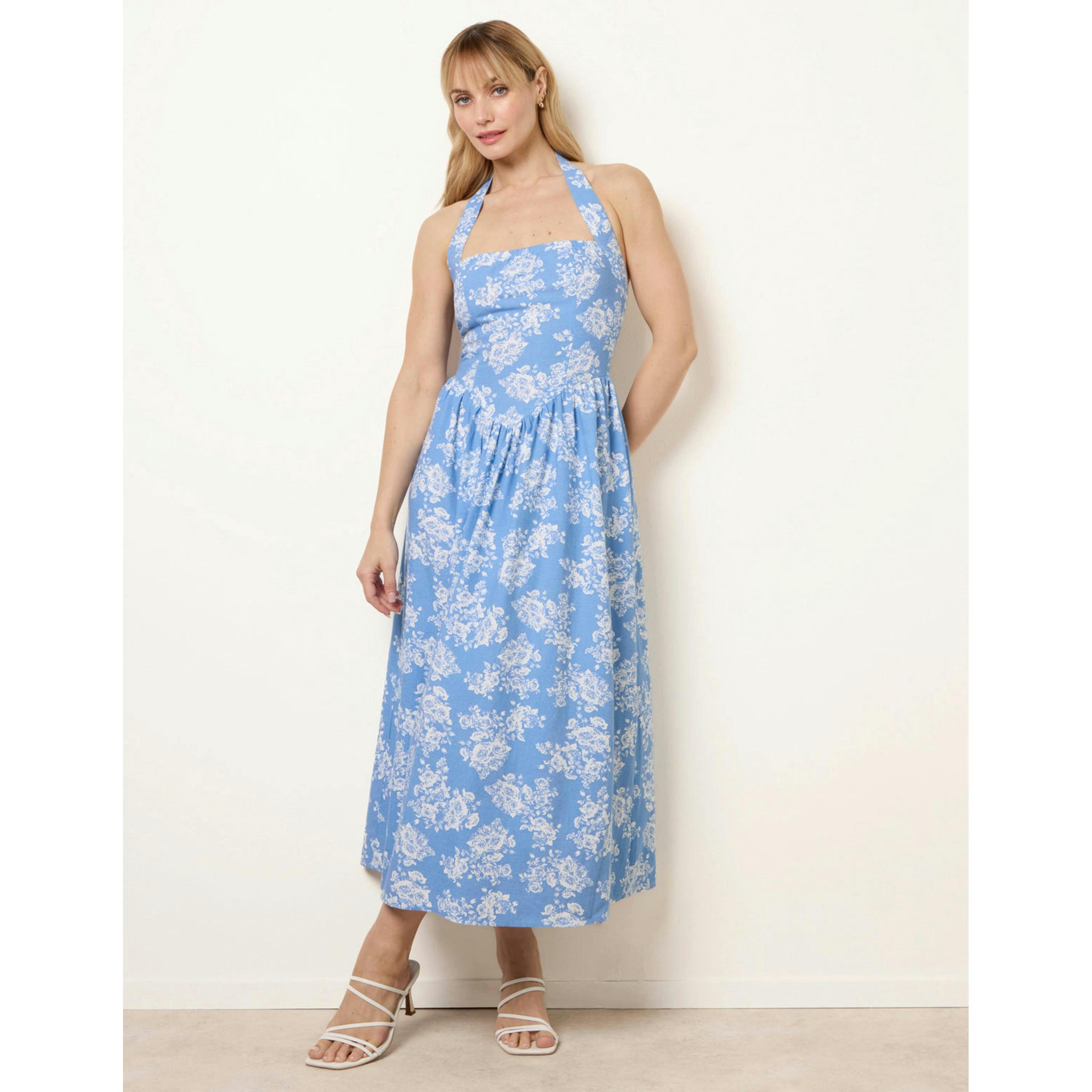Blue Vanilla Ditsy Floral V Waist Halter Midi Dress  in Blue , view 1 of 4