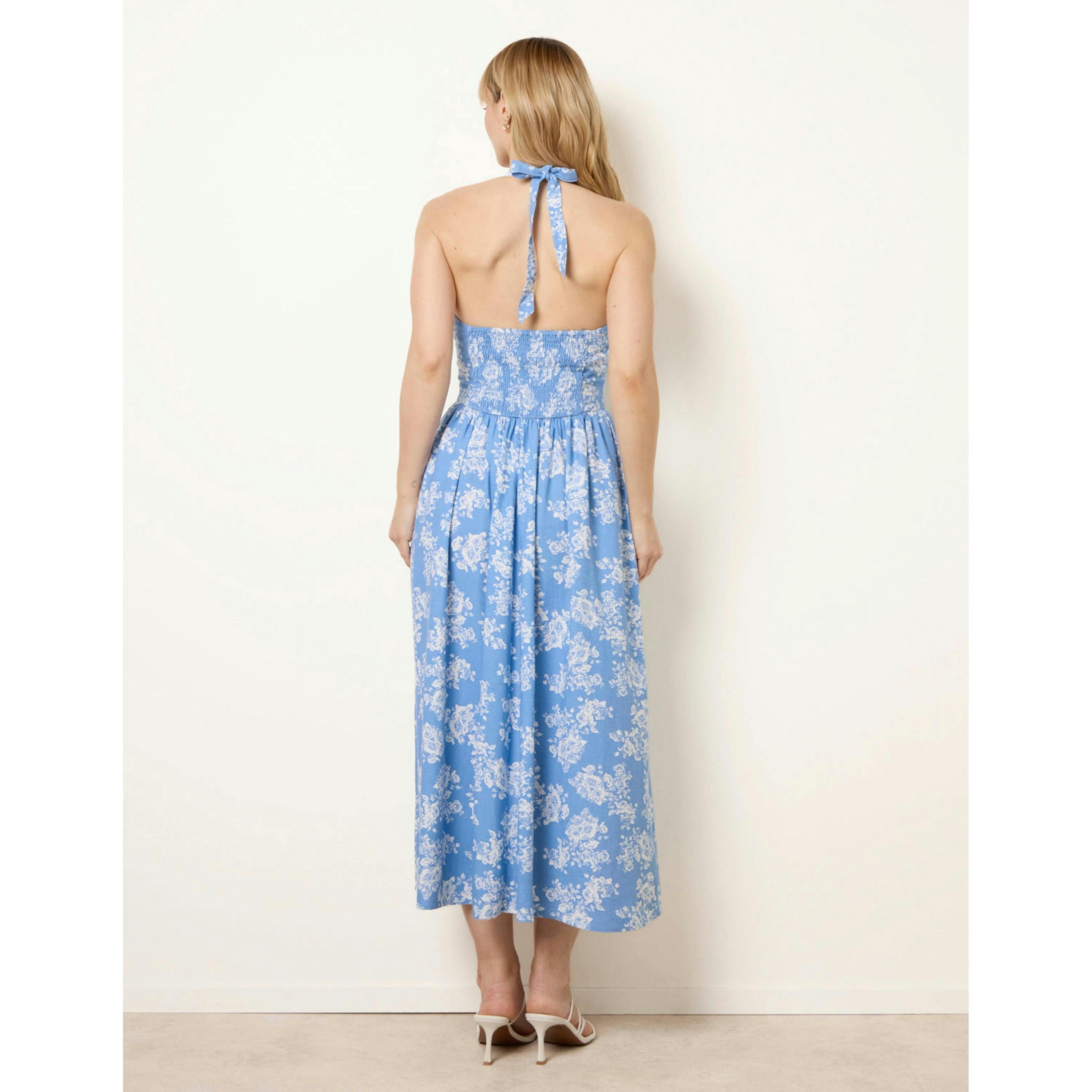 Blue Vanilla Ditsy Floral V Waist Halter Midi Dress  in Blue , view 2 of 6