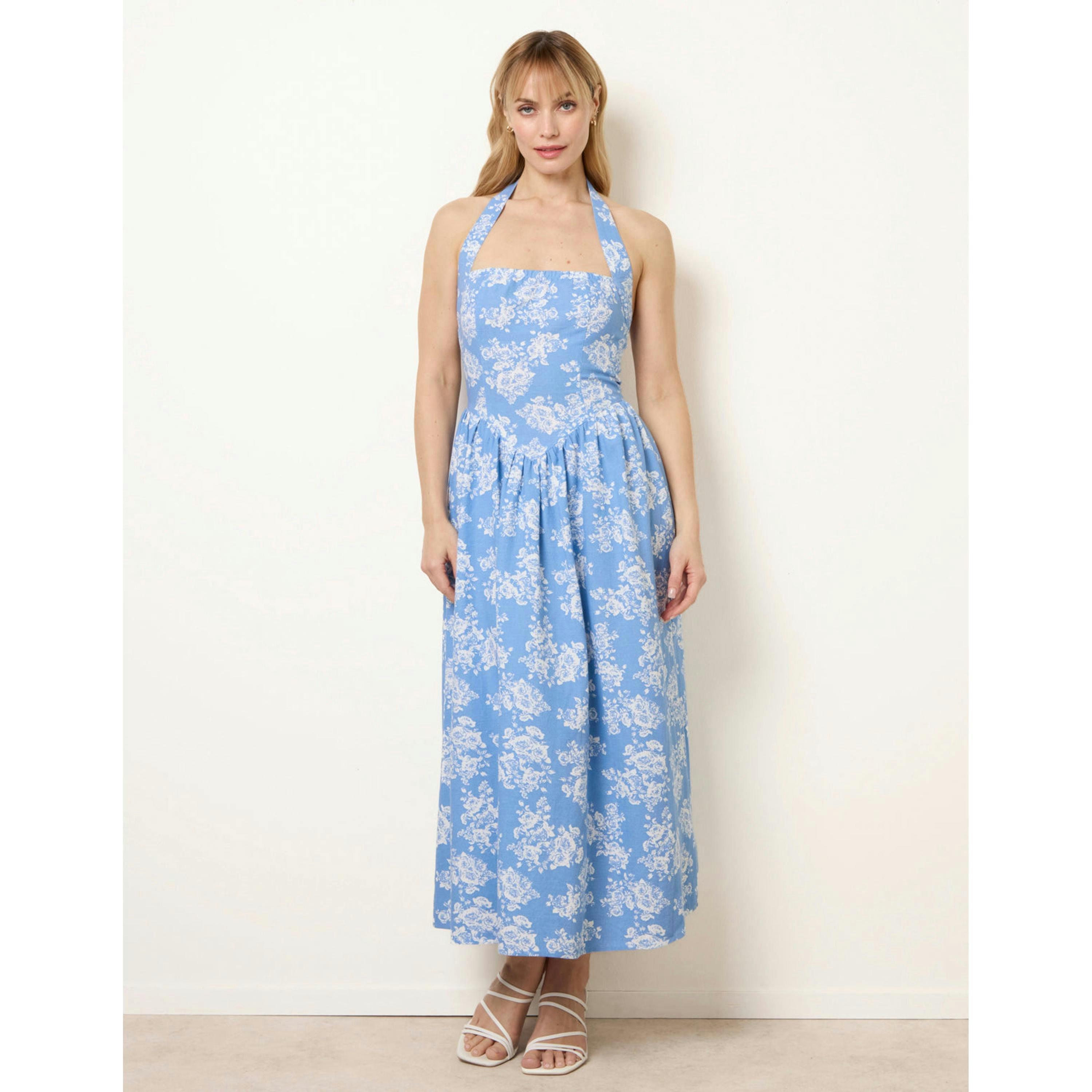 Blue Vanilla Ditsy Floral V Waist Halter Midi Dress  in Blue , view 4 of 6