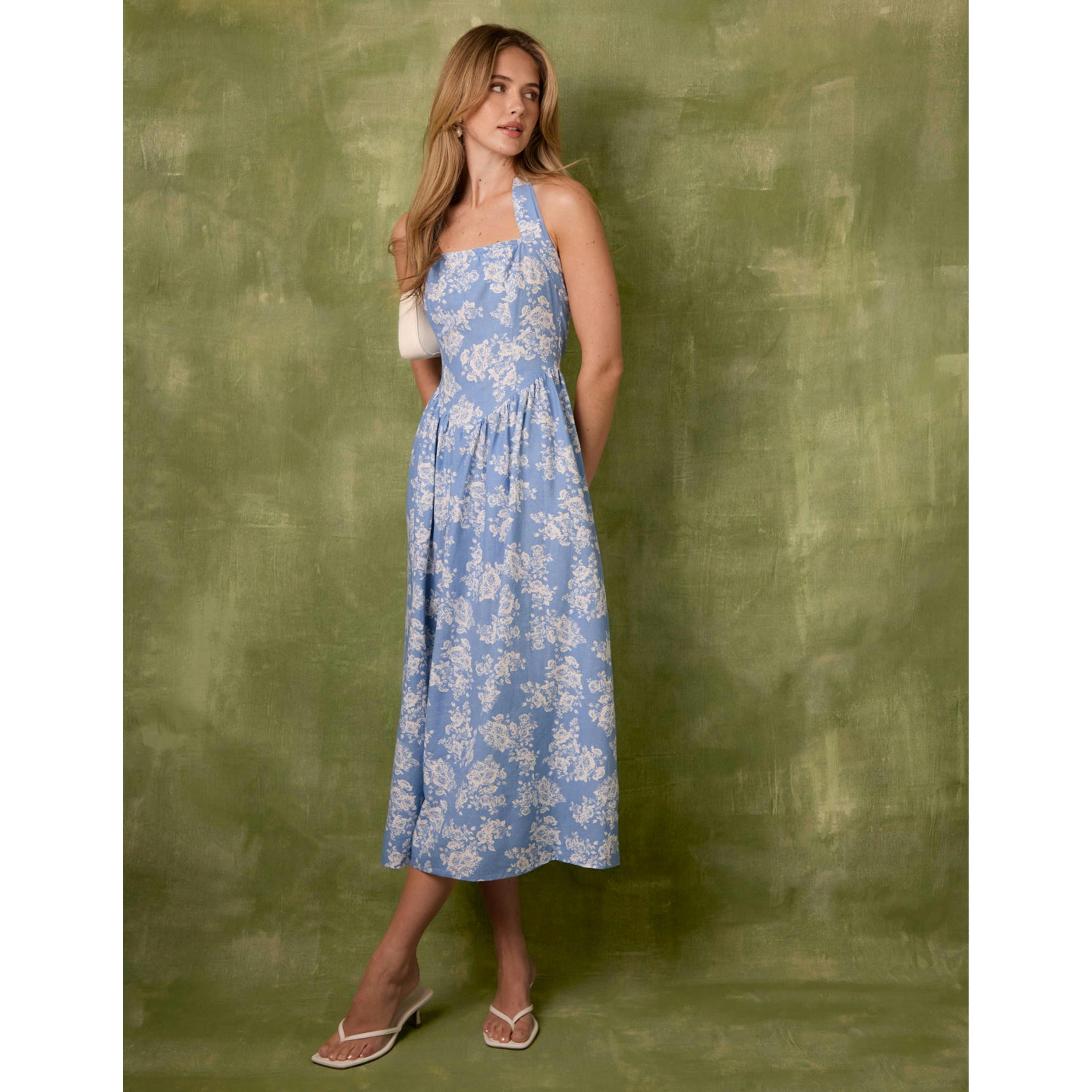 Blue Vanilla Ditsy Floral V Waist Halter Midi Dress  in Blue , view 5 of 6