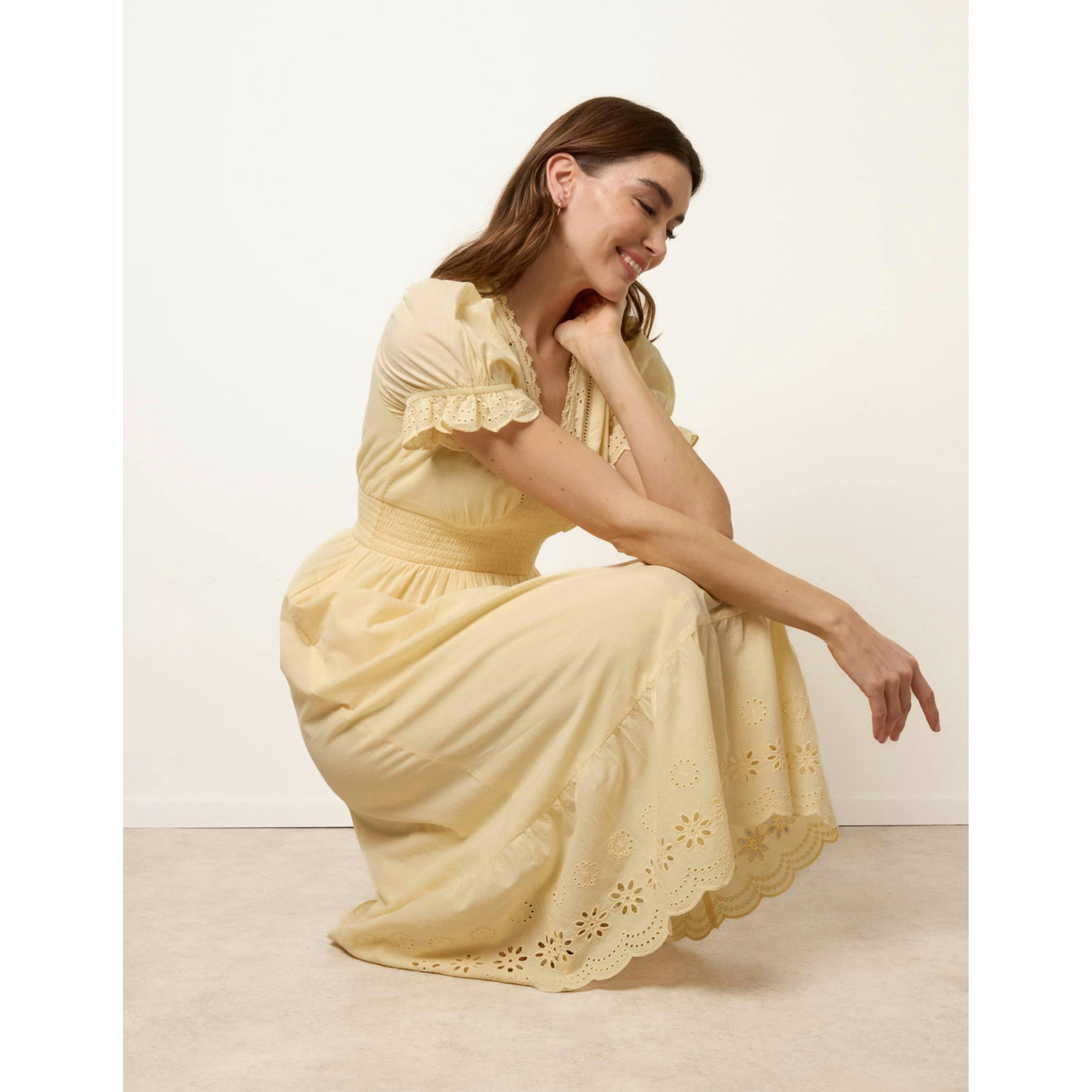 Blue Vanilla Embroidery Detail V-Neck Dress  in Yellow , view 1 of 5