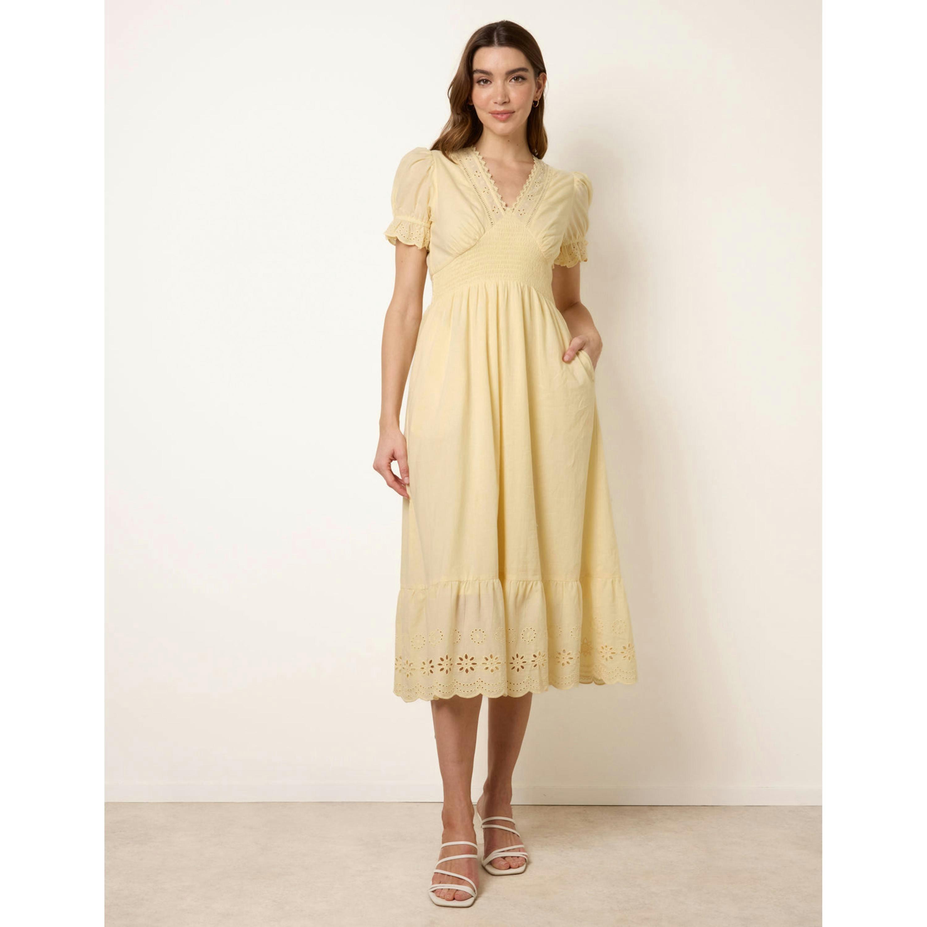 Blue Vanilla Embroidery Detail V-Neck Dress  in Yellow , view 3 of 5