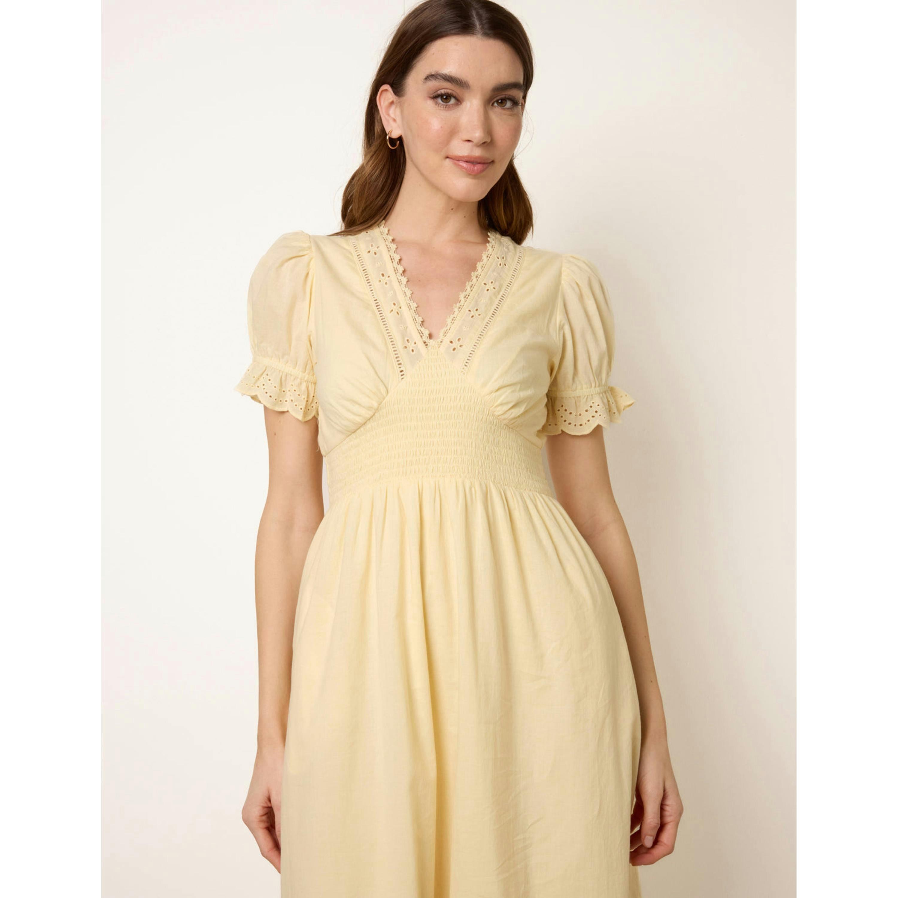 Blue Vanilla Embroidery Detail V-Neck Dress  in Yellow , view 4 of 5