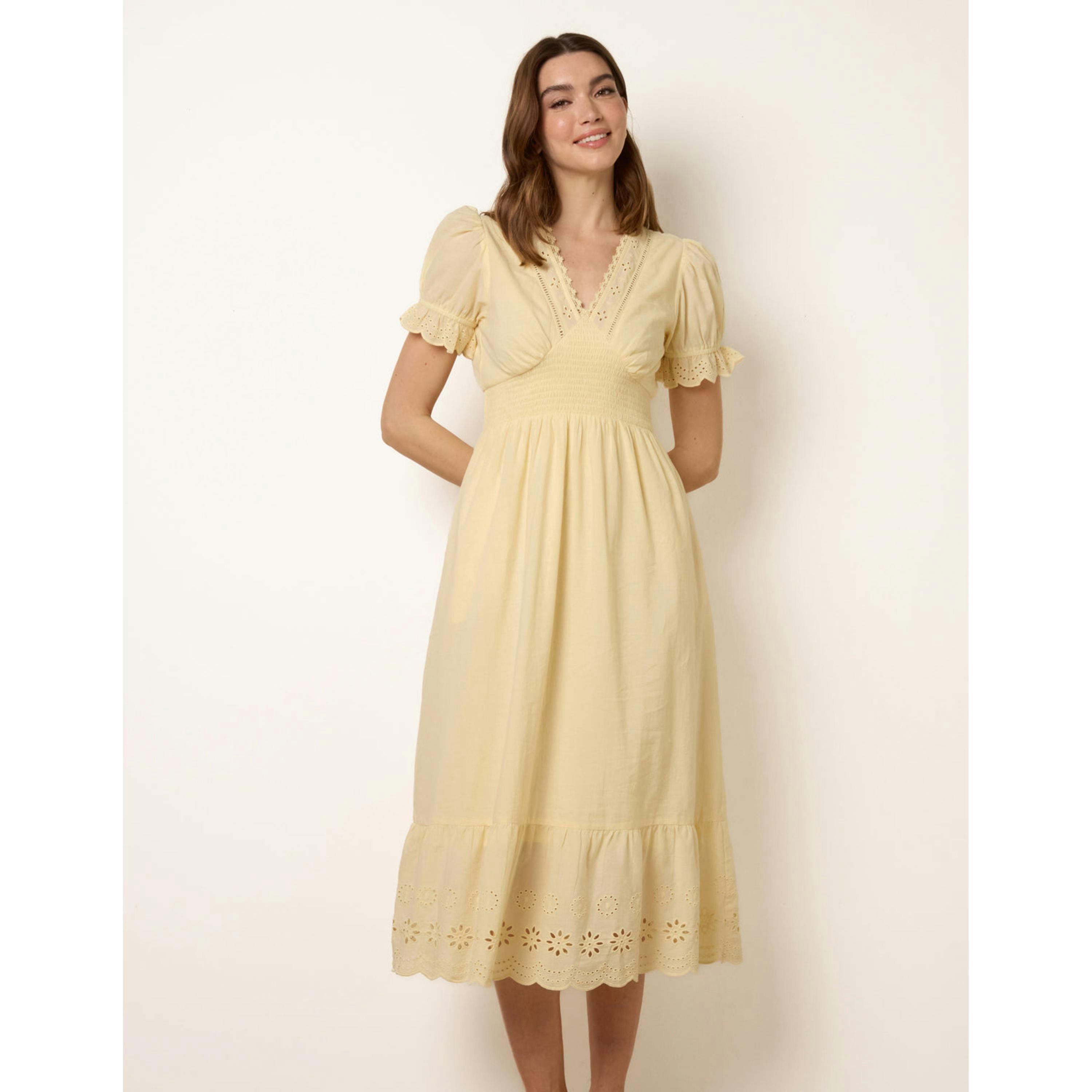 Blue Vanilla Embroidery Detail V-Neck Dress  in Yellow , view 5 of 5