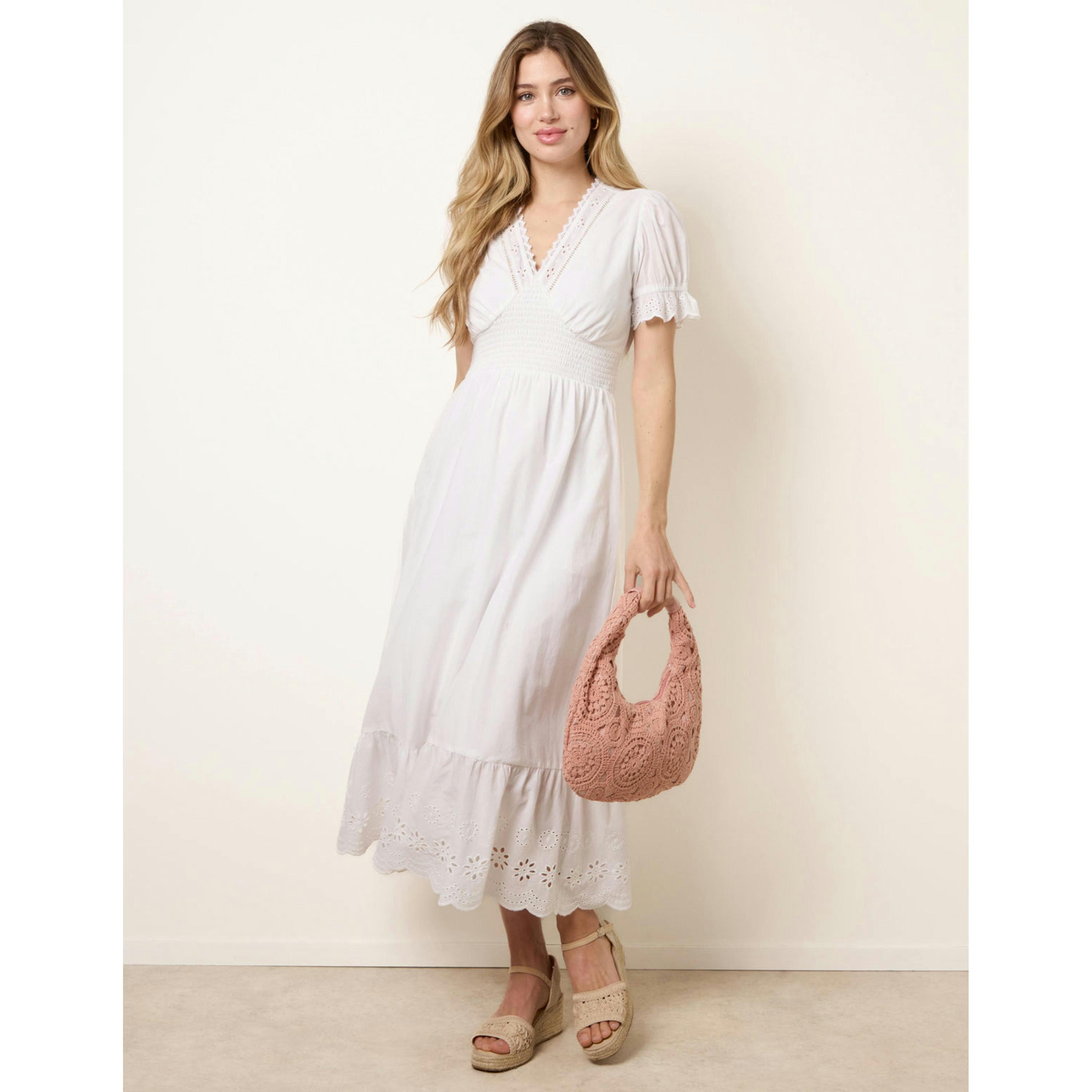 Blue Vanilla Embroidery Detail V-Neck Dress  in Ivory , view 1 of 4