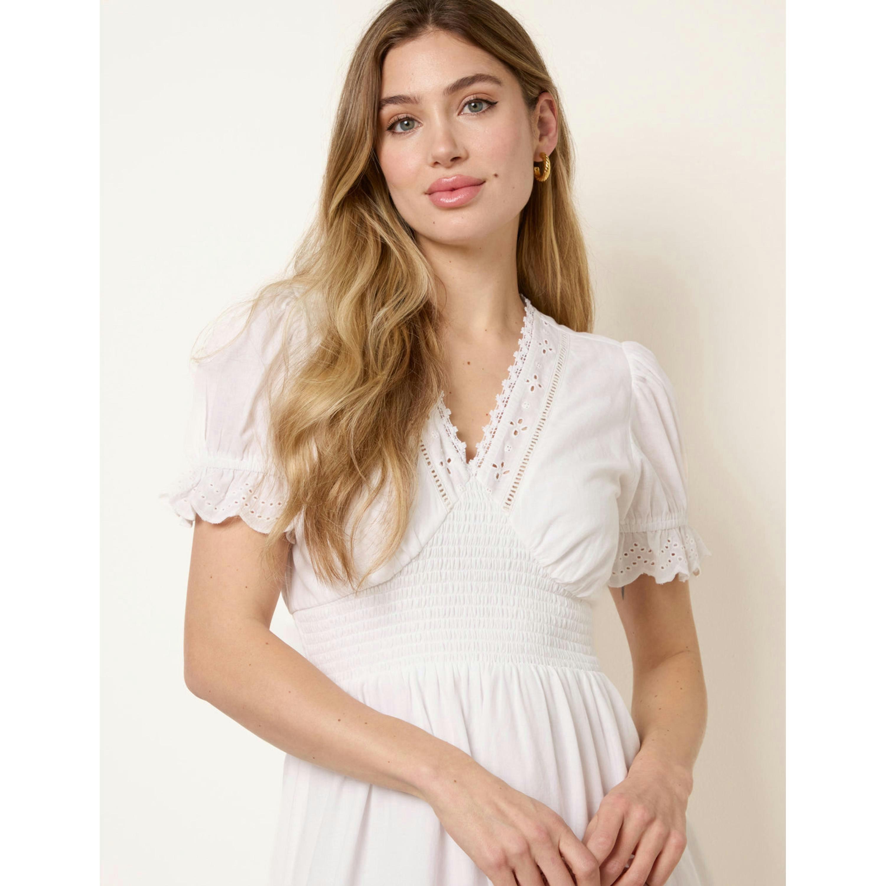 Blue Vanilla Embroidery Detail V-Neck Dress  in Ivory , view 3 of 4