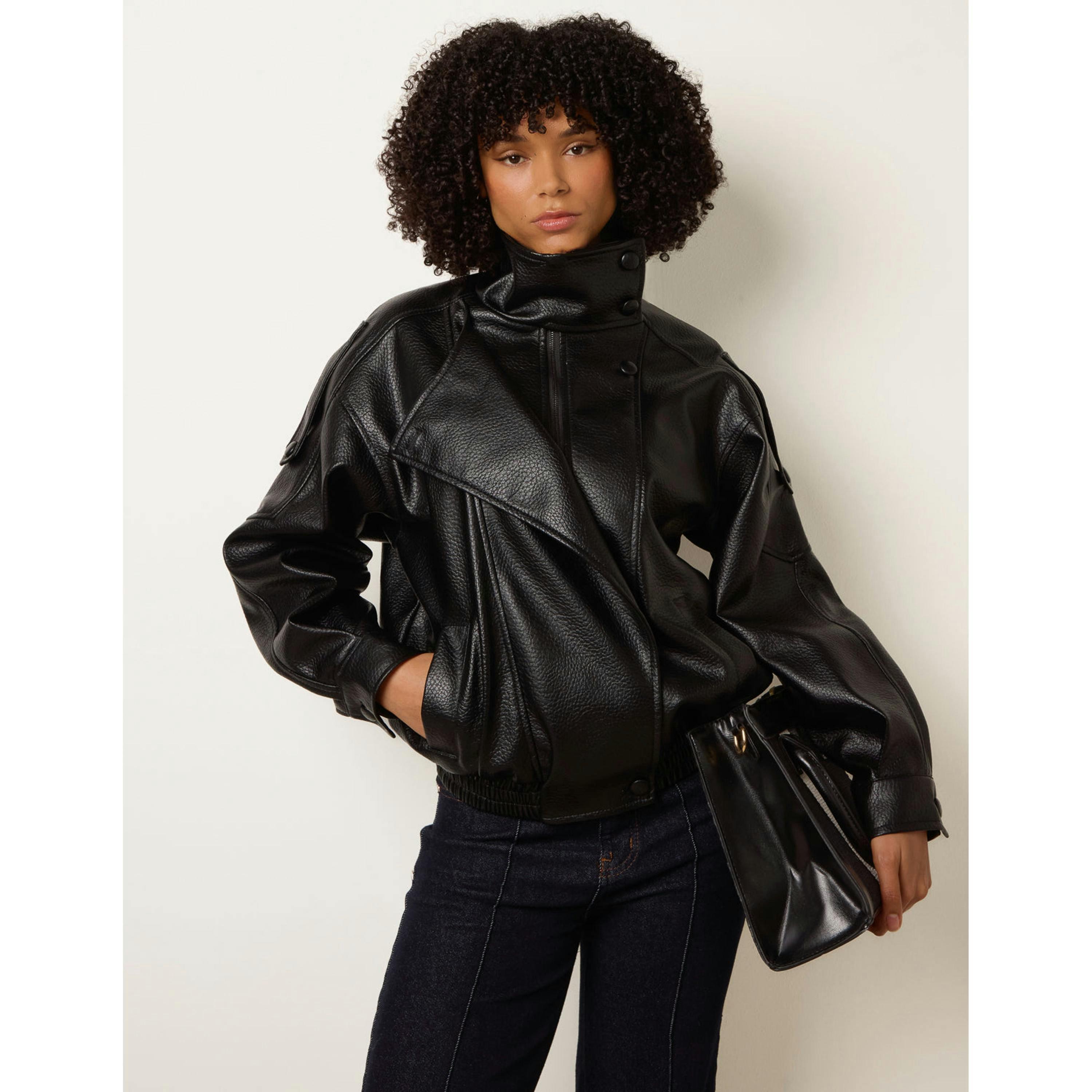 Blue Vanilla High Collar Faux Leather Jacket  in Black , view 1 of 4