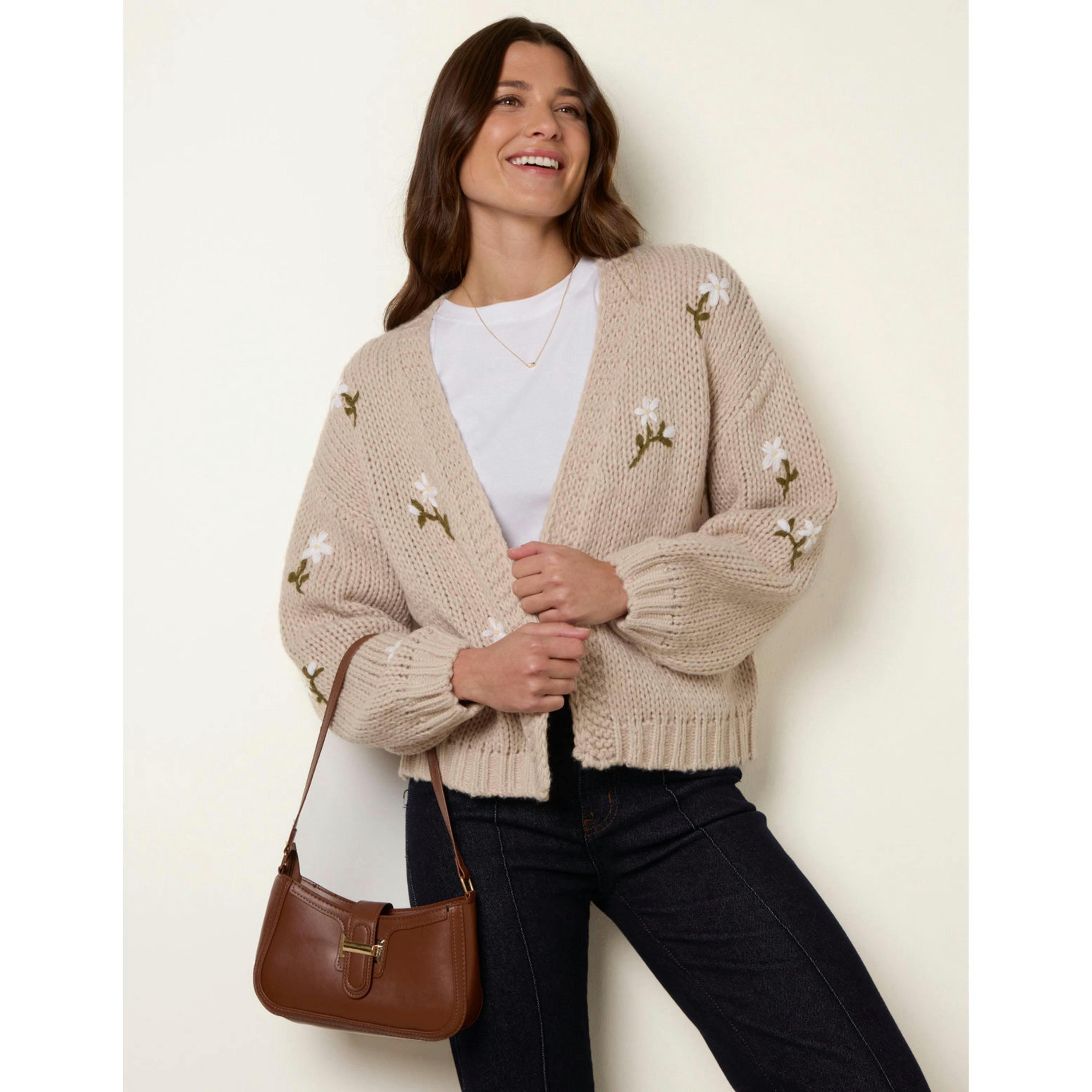 Blue Vanilla Flower Embroidery Detailed Cardigan  in Stone , view 1 of 4
