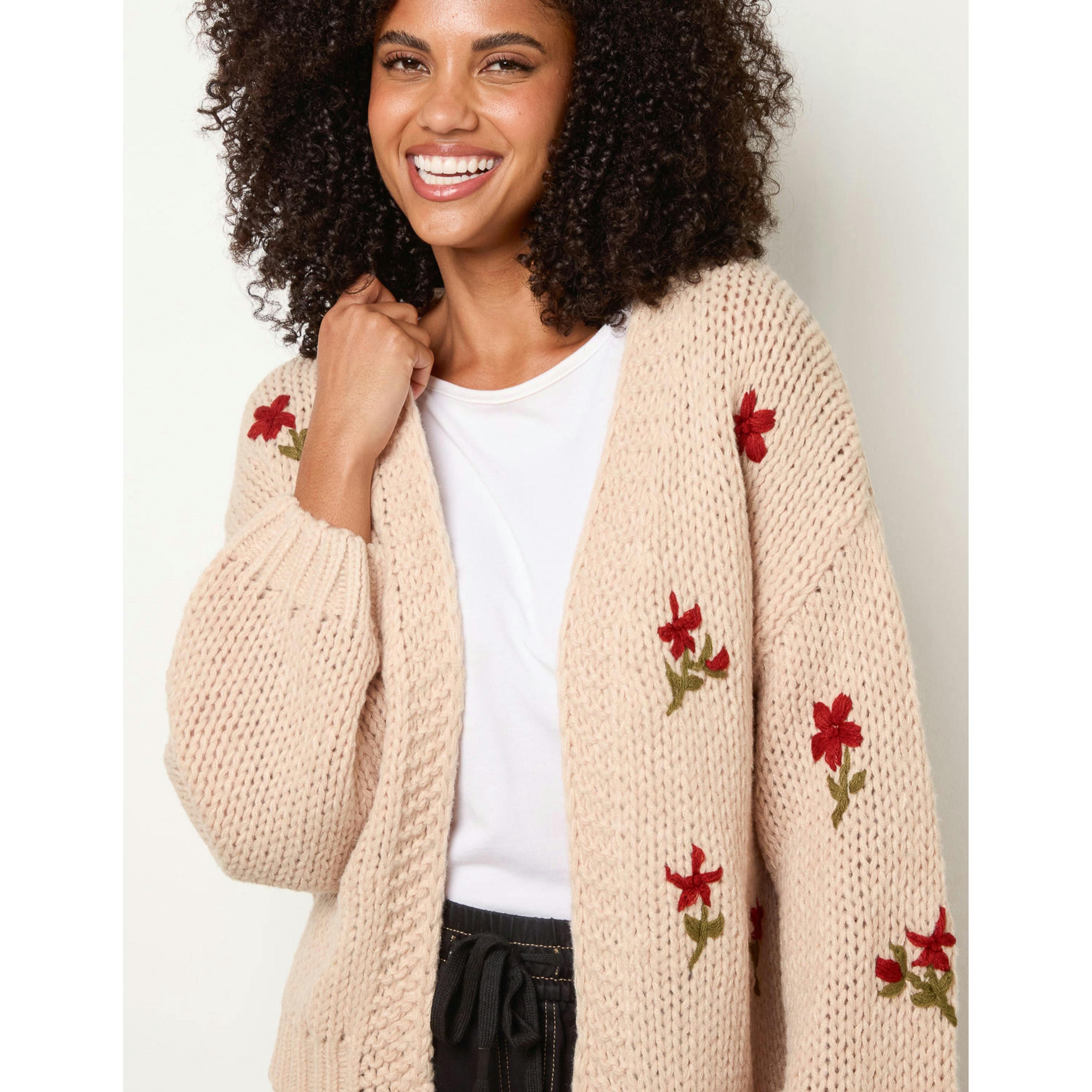 Blue Vanilla Flower Embroidery Detailed Cardigan  in Stone , view 3 of 4