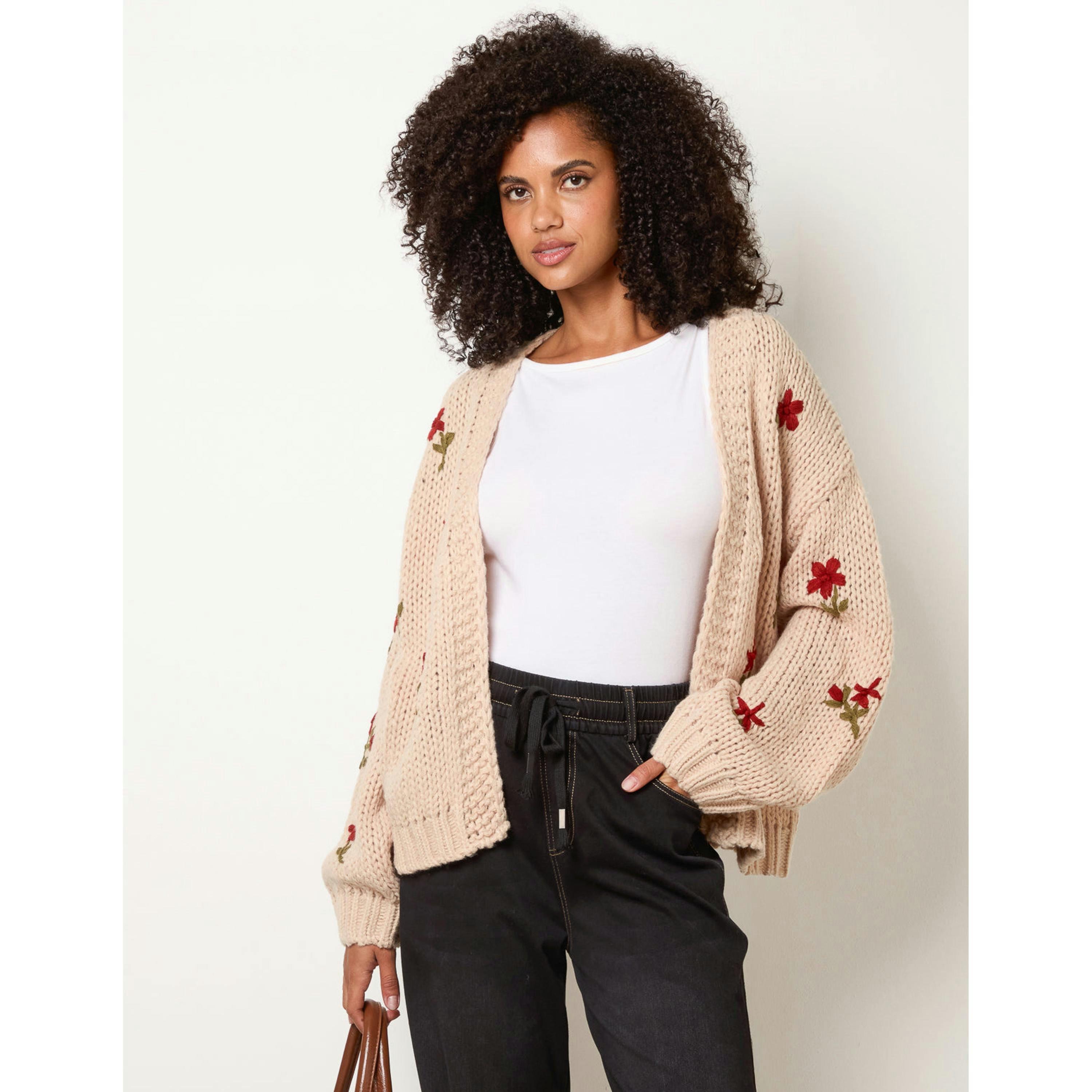 Blue Vanilla Flower Embroidery Detailed Cardigan  in Stone , view 4 of 4