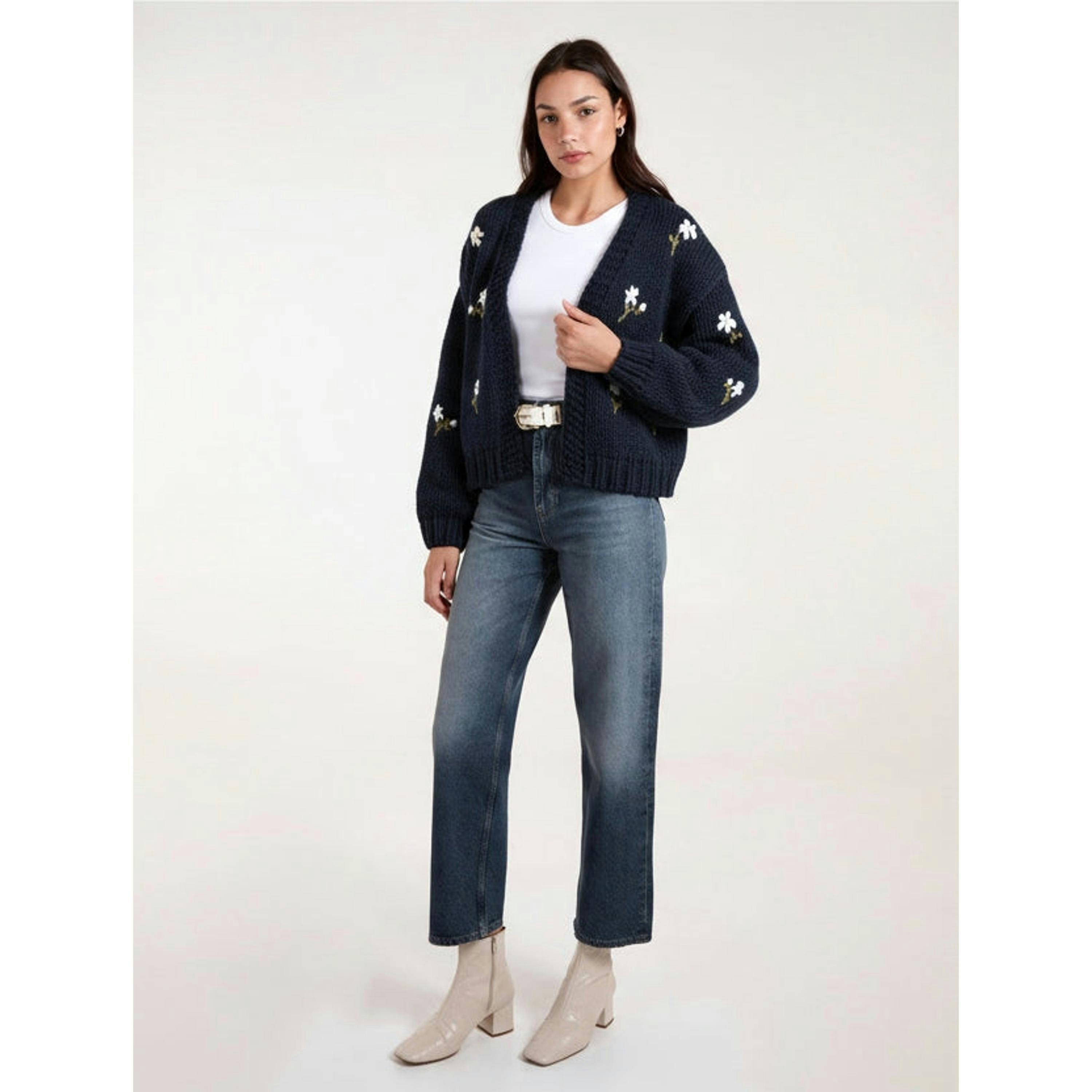 Blue Vanilla Flower Embroidery Detailed Cardigan  in Navy , view 1 of 3