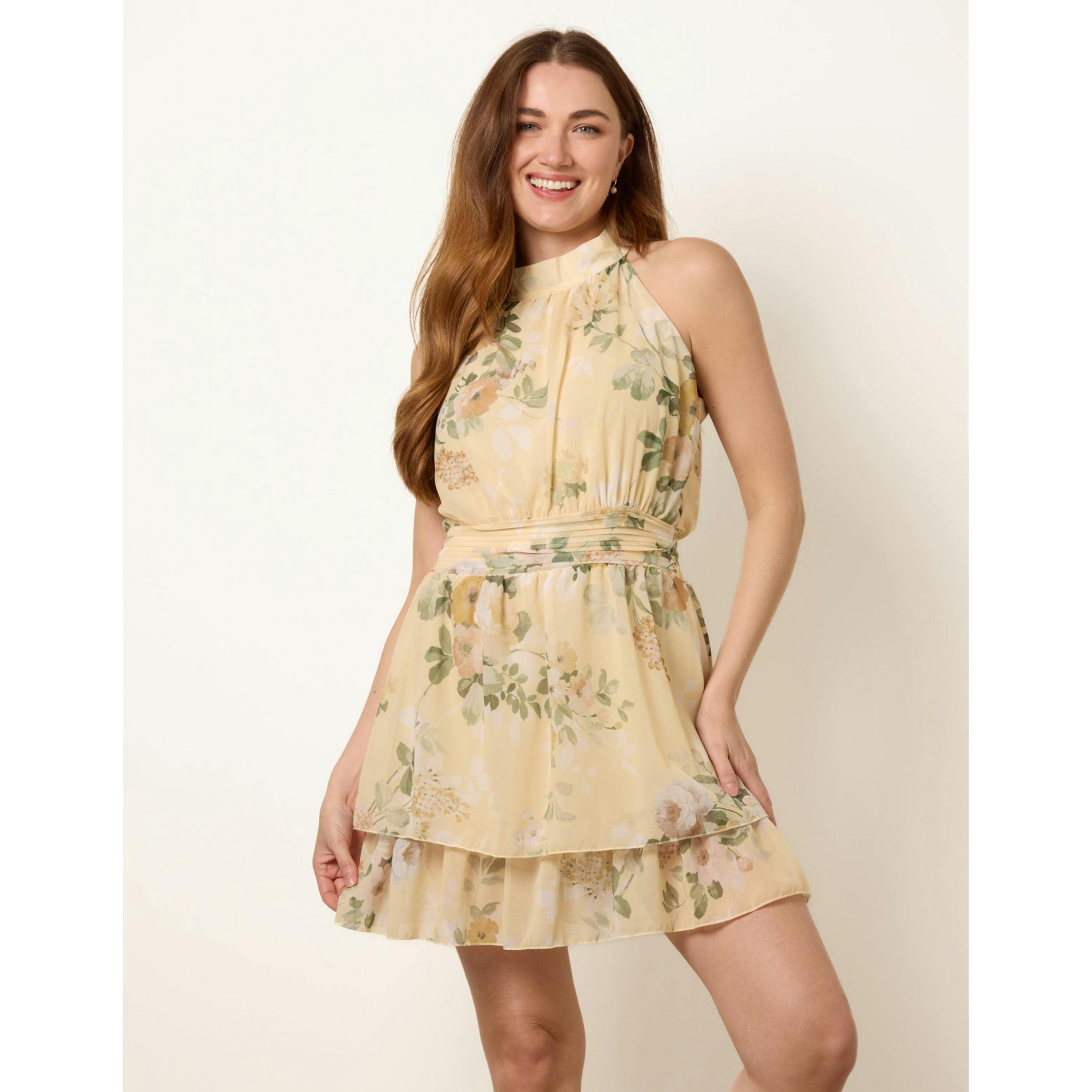 Blue Vanilla High Neck Tiered Mini Occasion Dress  in Yellow , view 5 of 6