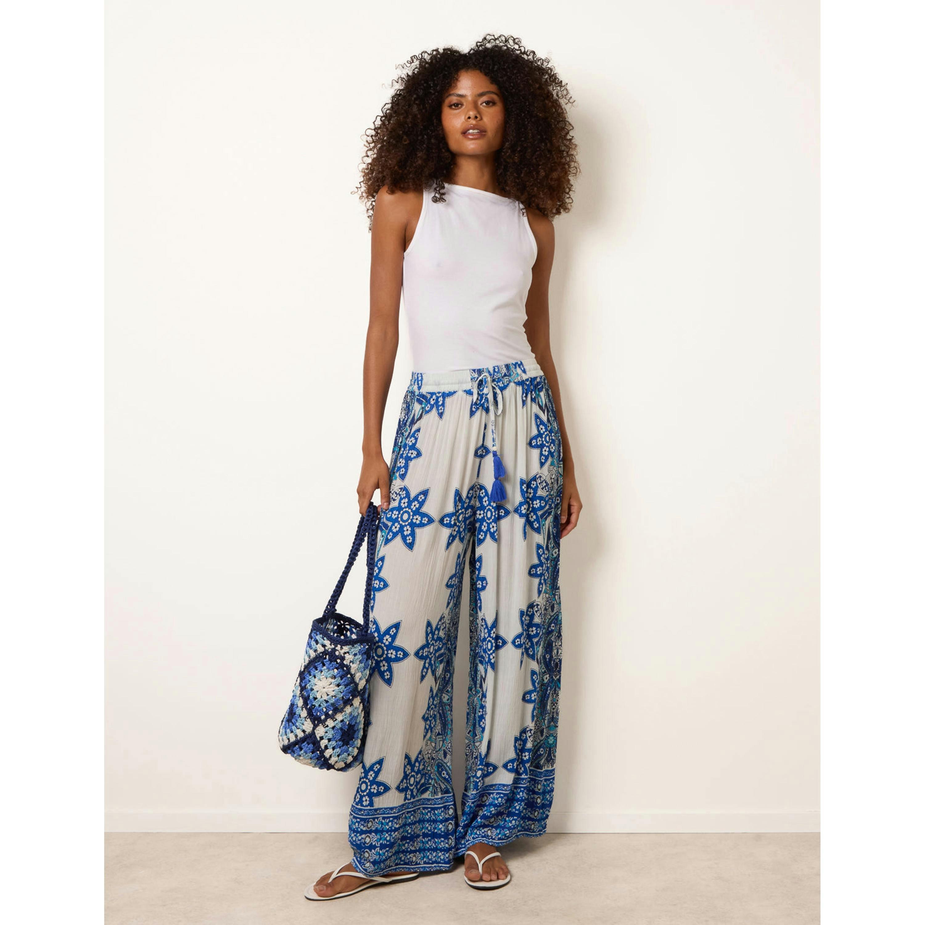 Blue Vanilla Paisley Floral Wide Leg Printed Trousers  in Blue , view 1 of 4