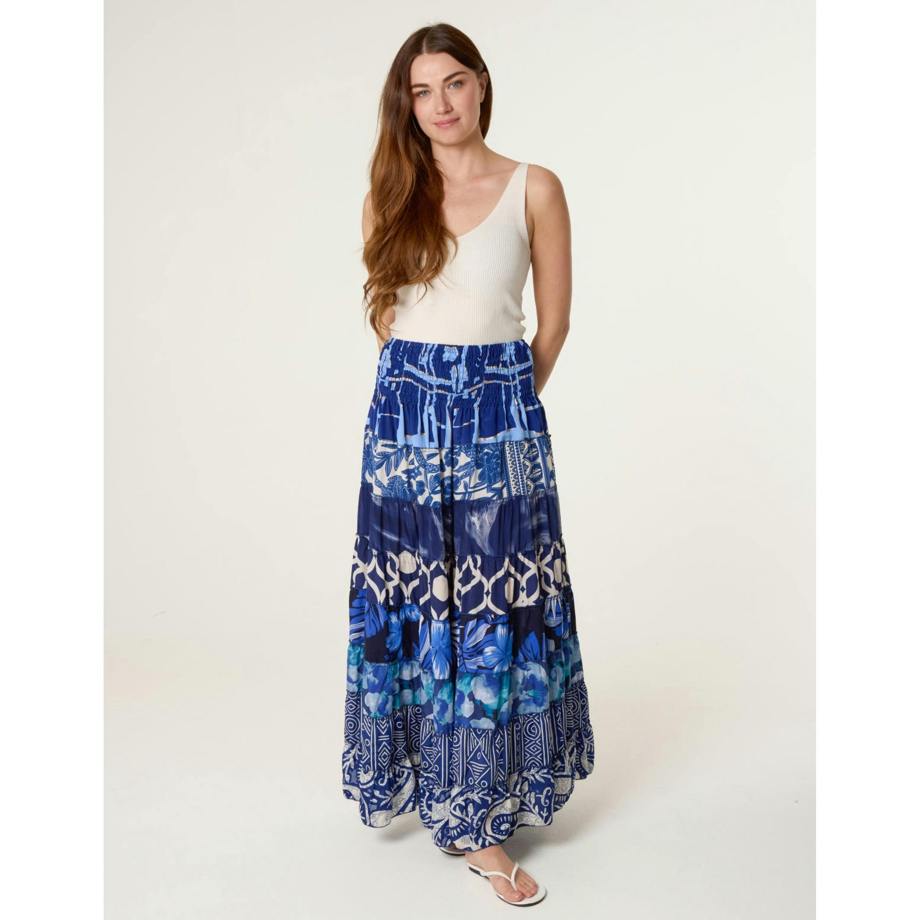 Blue Vanilla Multi Print Shirred Skirt  in Blue , view 1 of 4