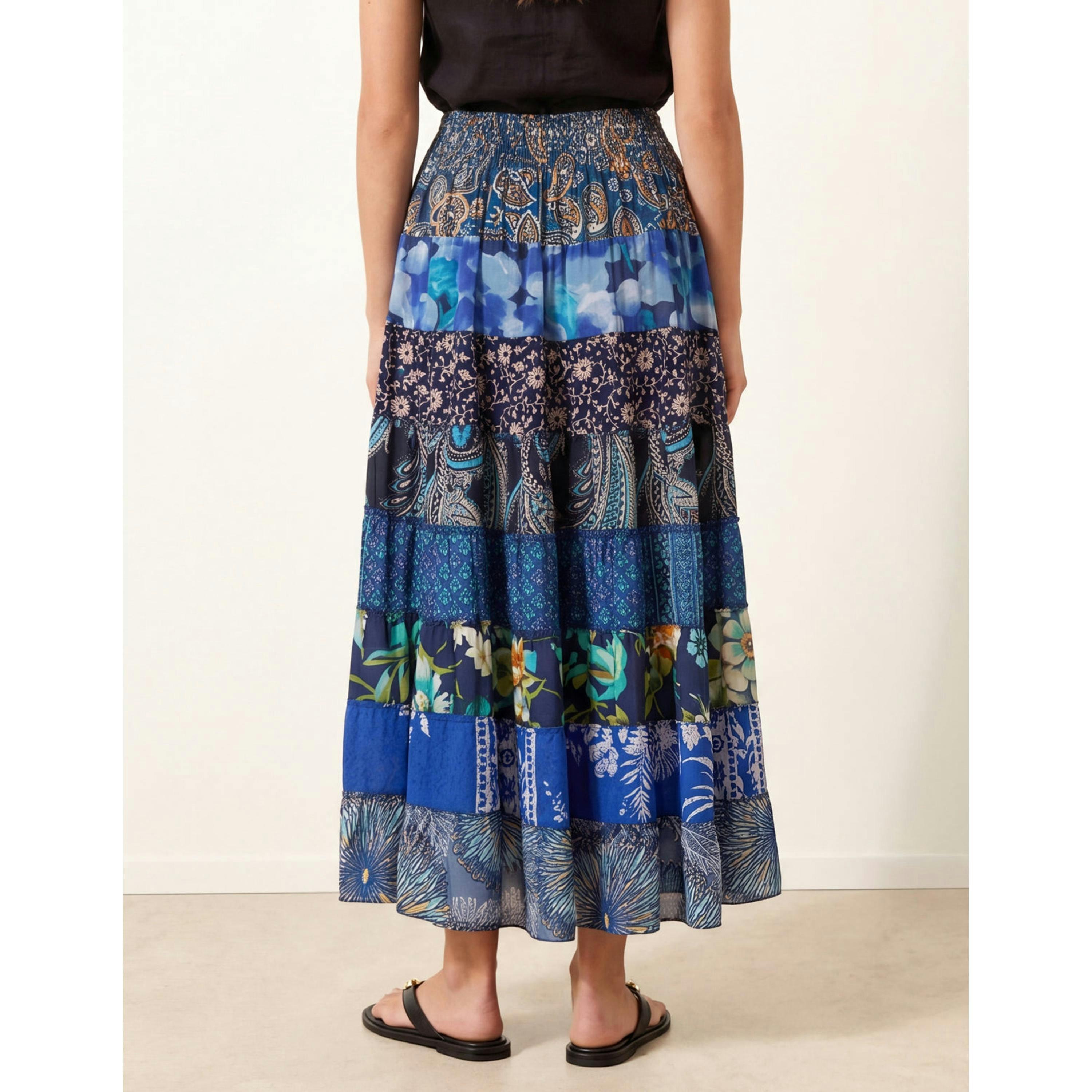 Blue Vanilla Multi Print Shirred Skirt  in Blue , view 2 of 4