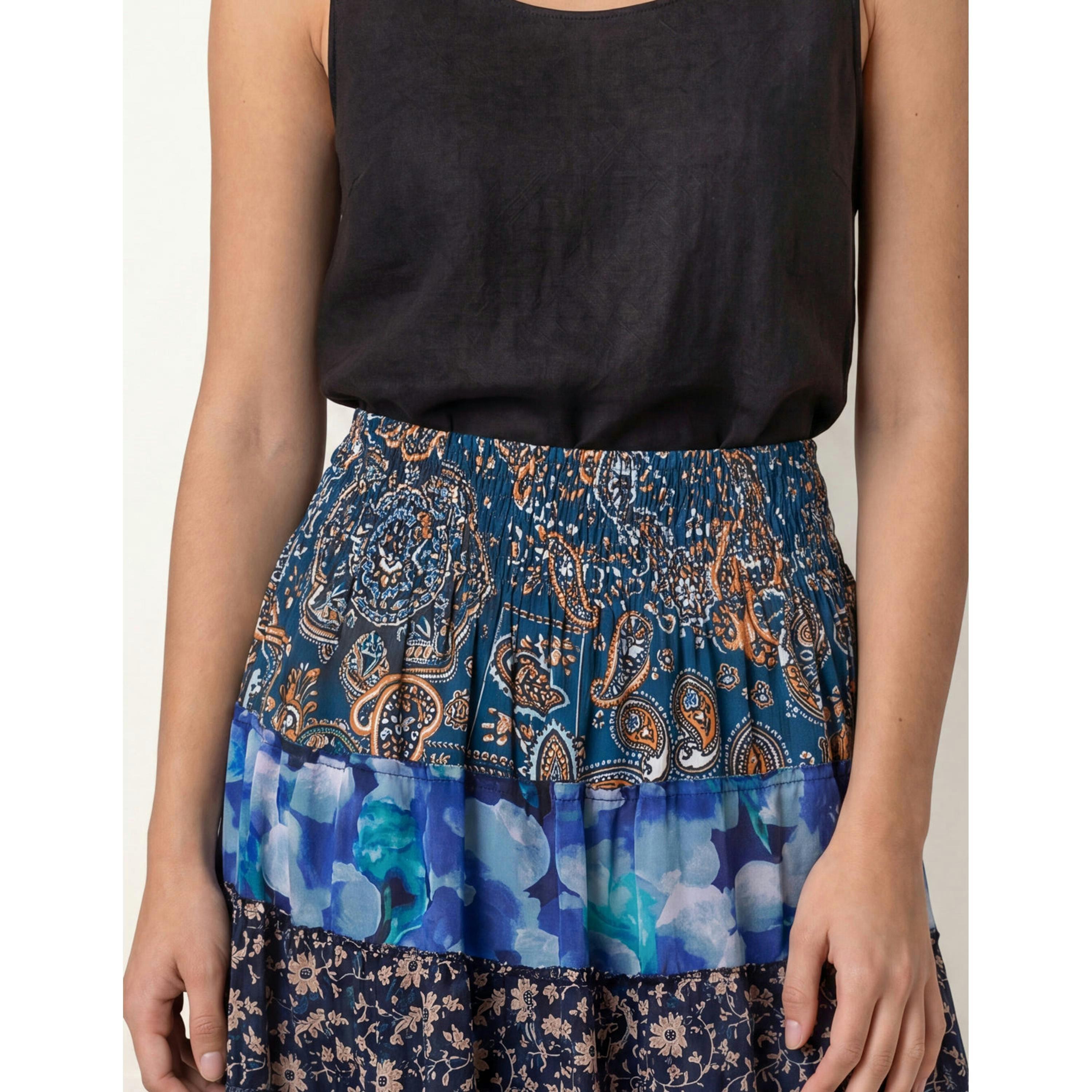 Blue Vanilla Multi Print Shirred Skirt  in Blue , view 3 of 4