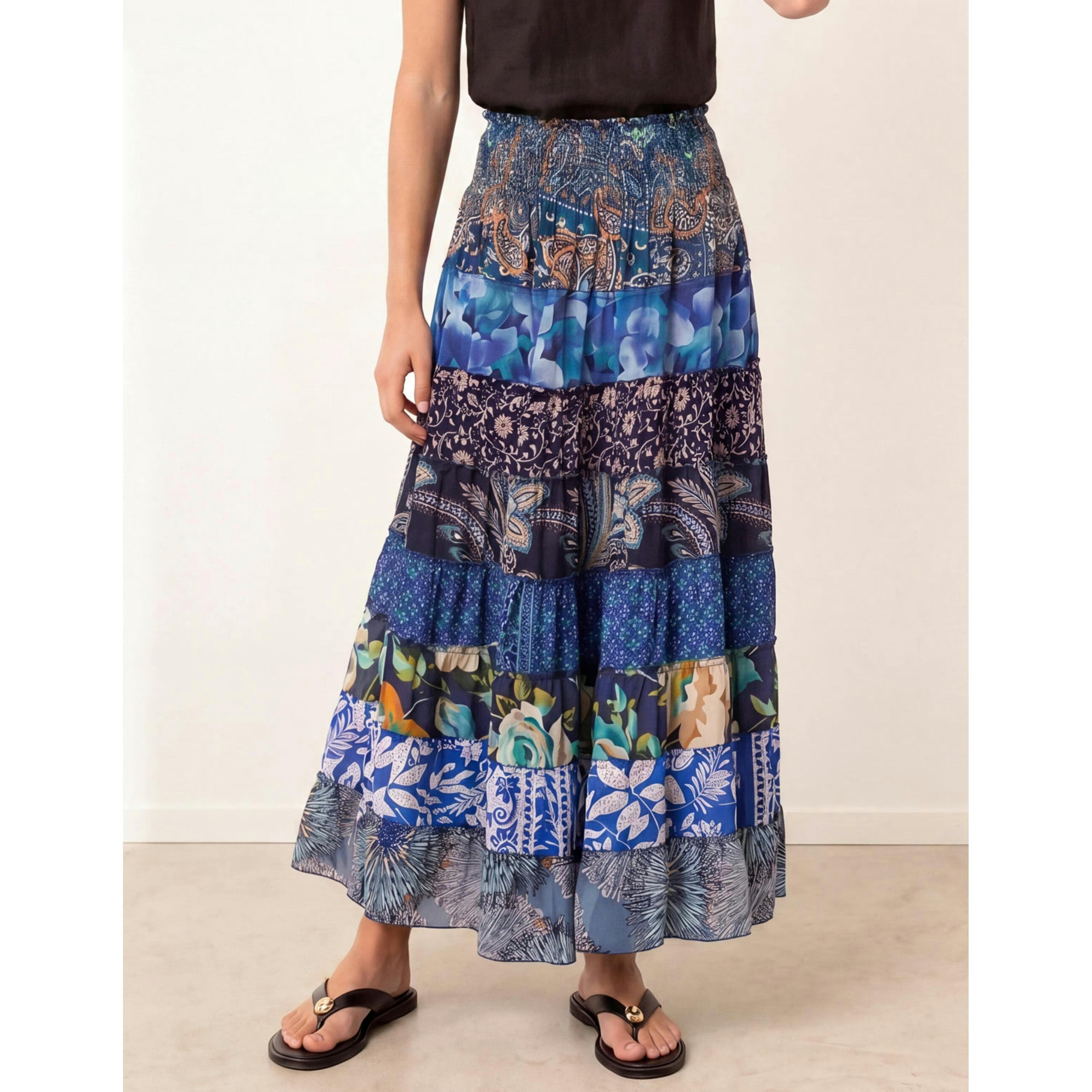 Blue Vanilla Multi Print Shirred Skirt  in Blue , view 4 of 4