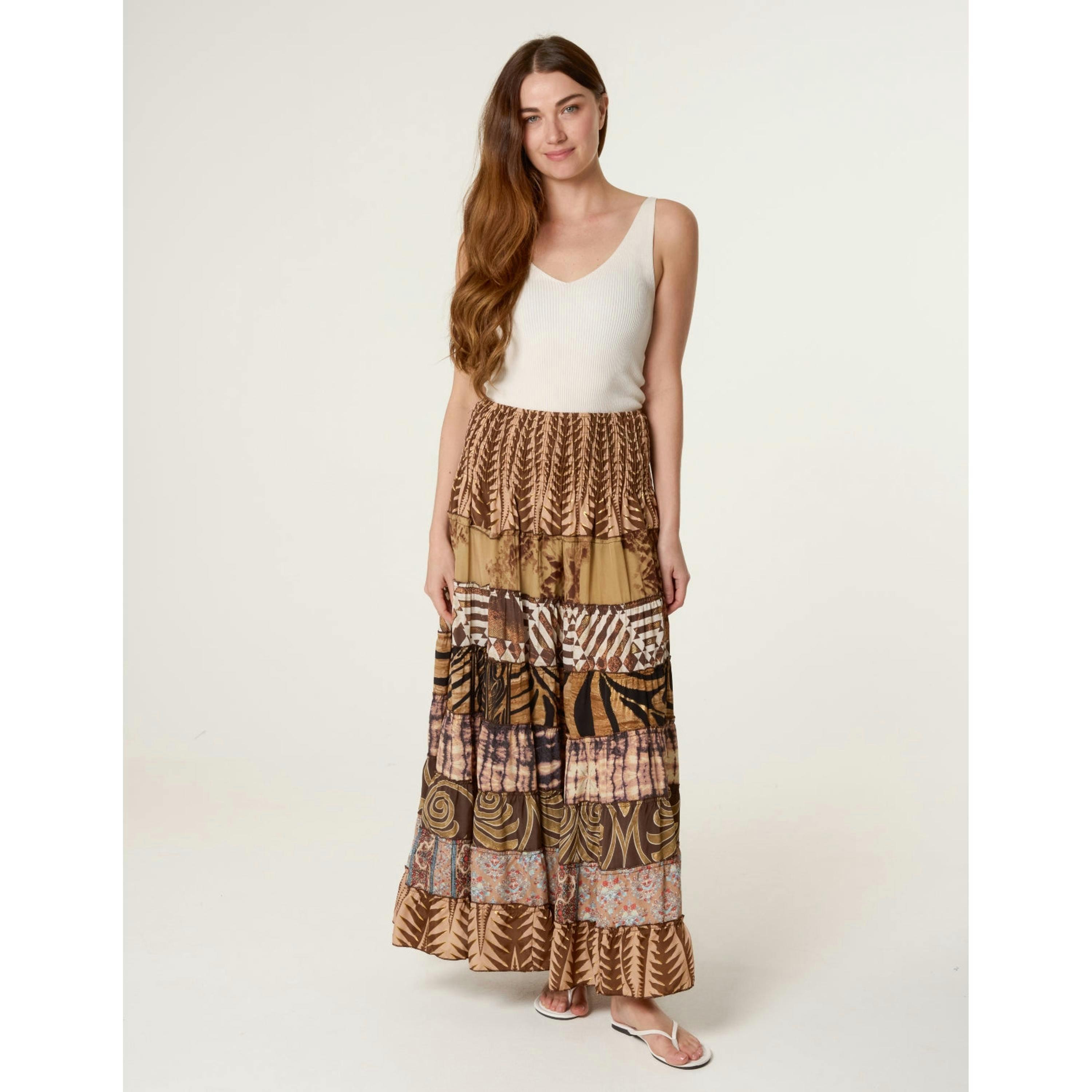 Blue Vanilla Multi Print Shirred Skirt  in Brown , view 1 of 4