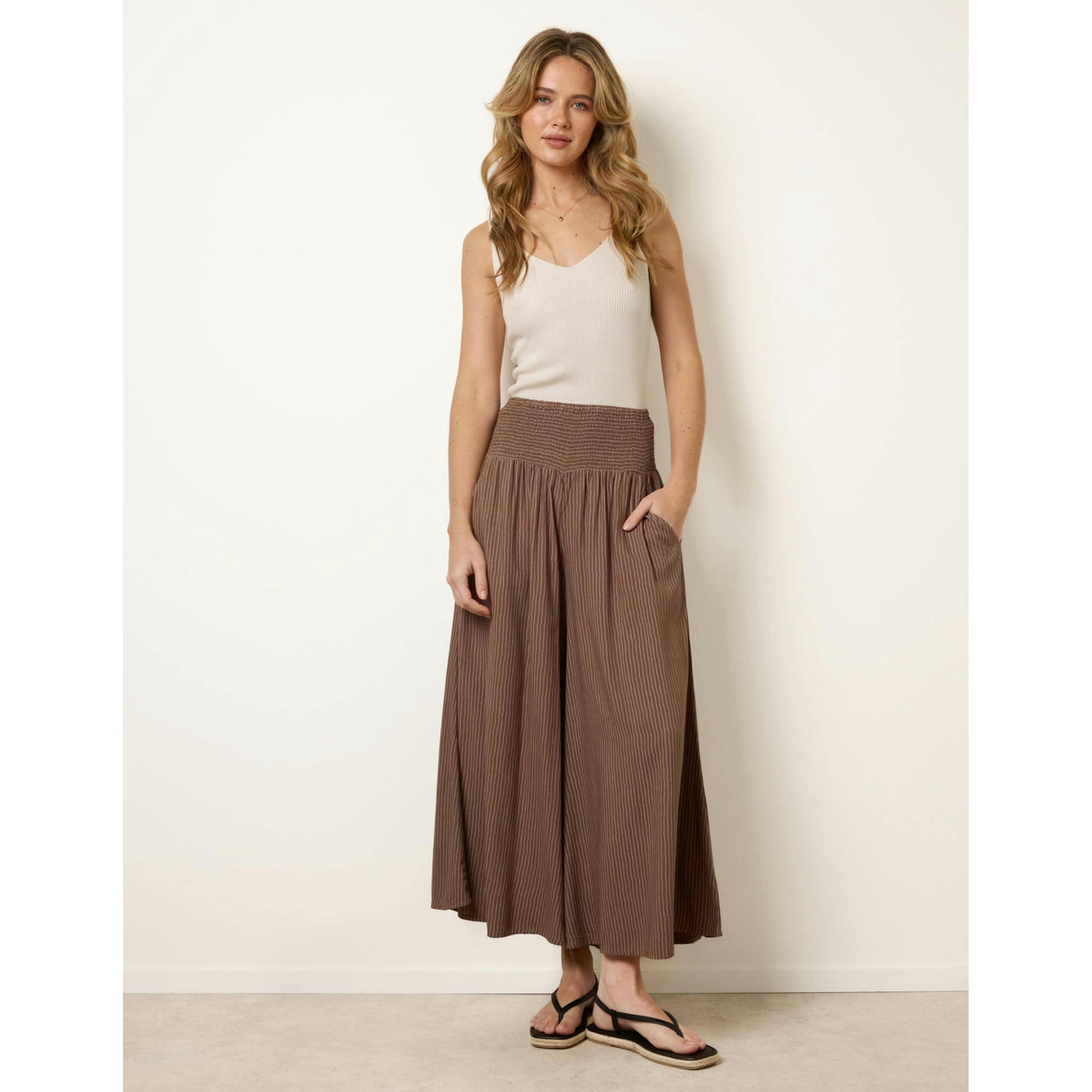 Blue Vanilla Wide Leg Shirred Waist Wavy Trousers  in Beige , view 1 of 4