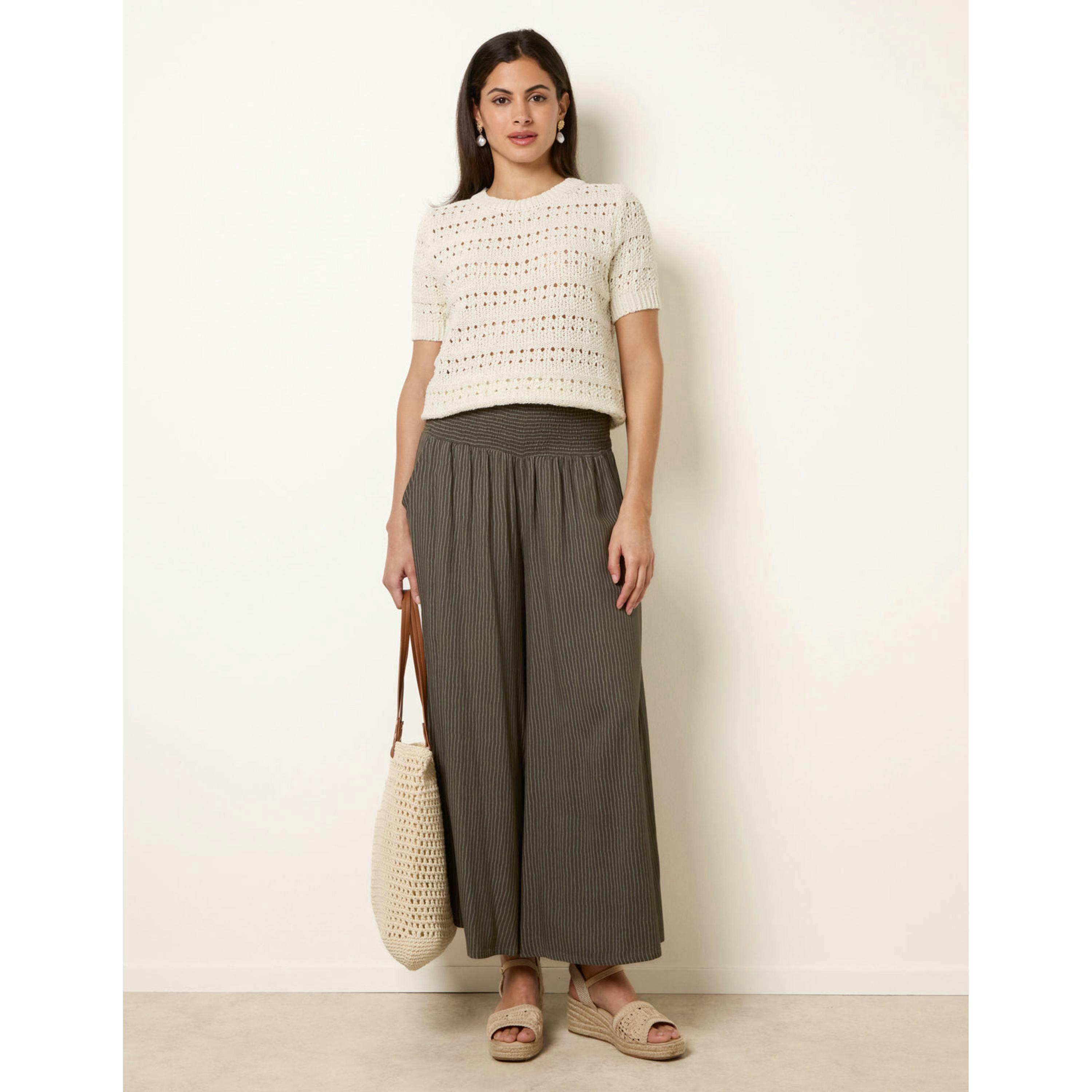 Blue Vanilla Wide Leg Shirred Waist Wavy Trousers  in Khaki , view 1 of 4
