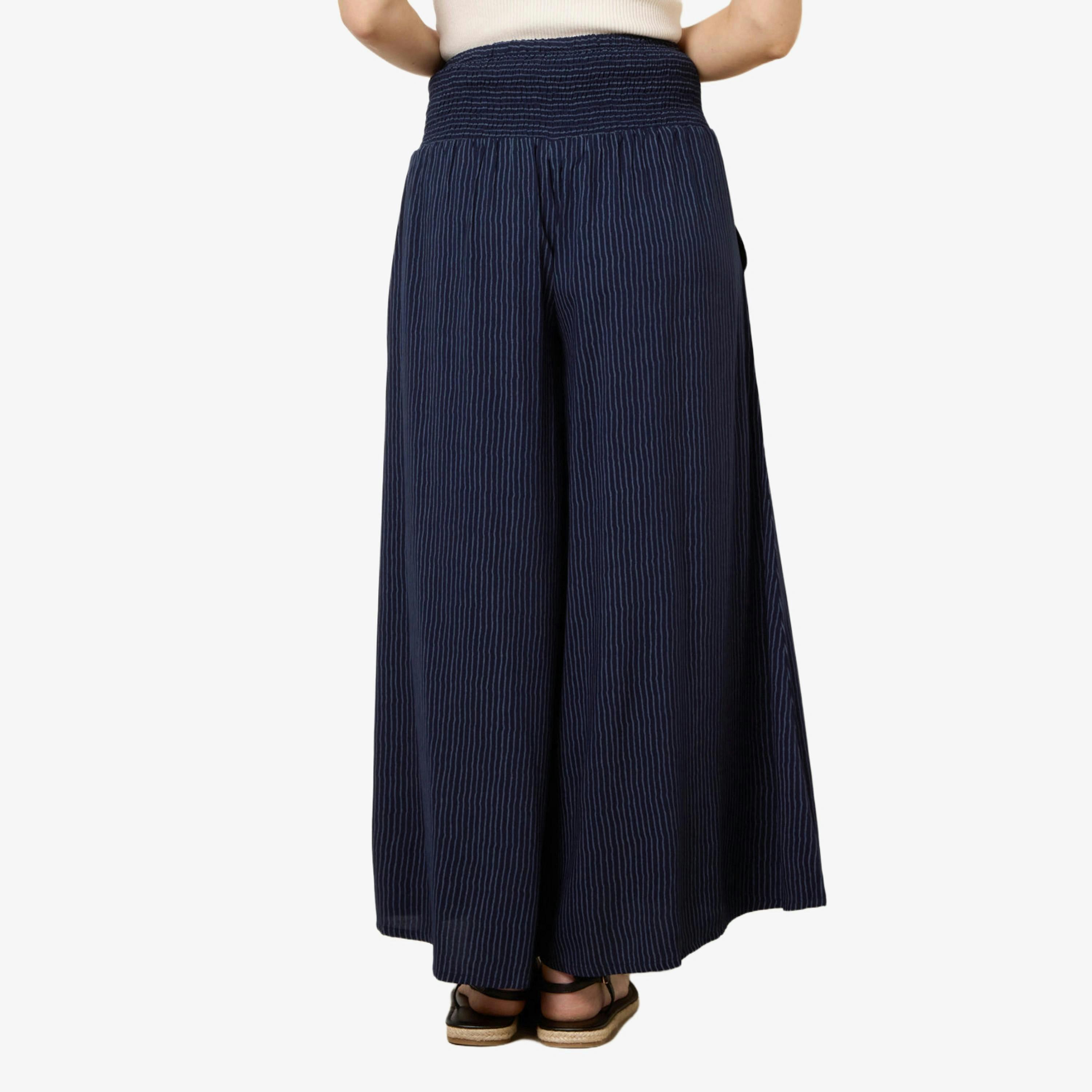 Blue Vanilla Wide Leg Shirred Waist Wavy Trousers  in Navy , view 3 of 4